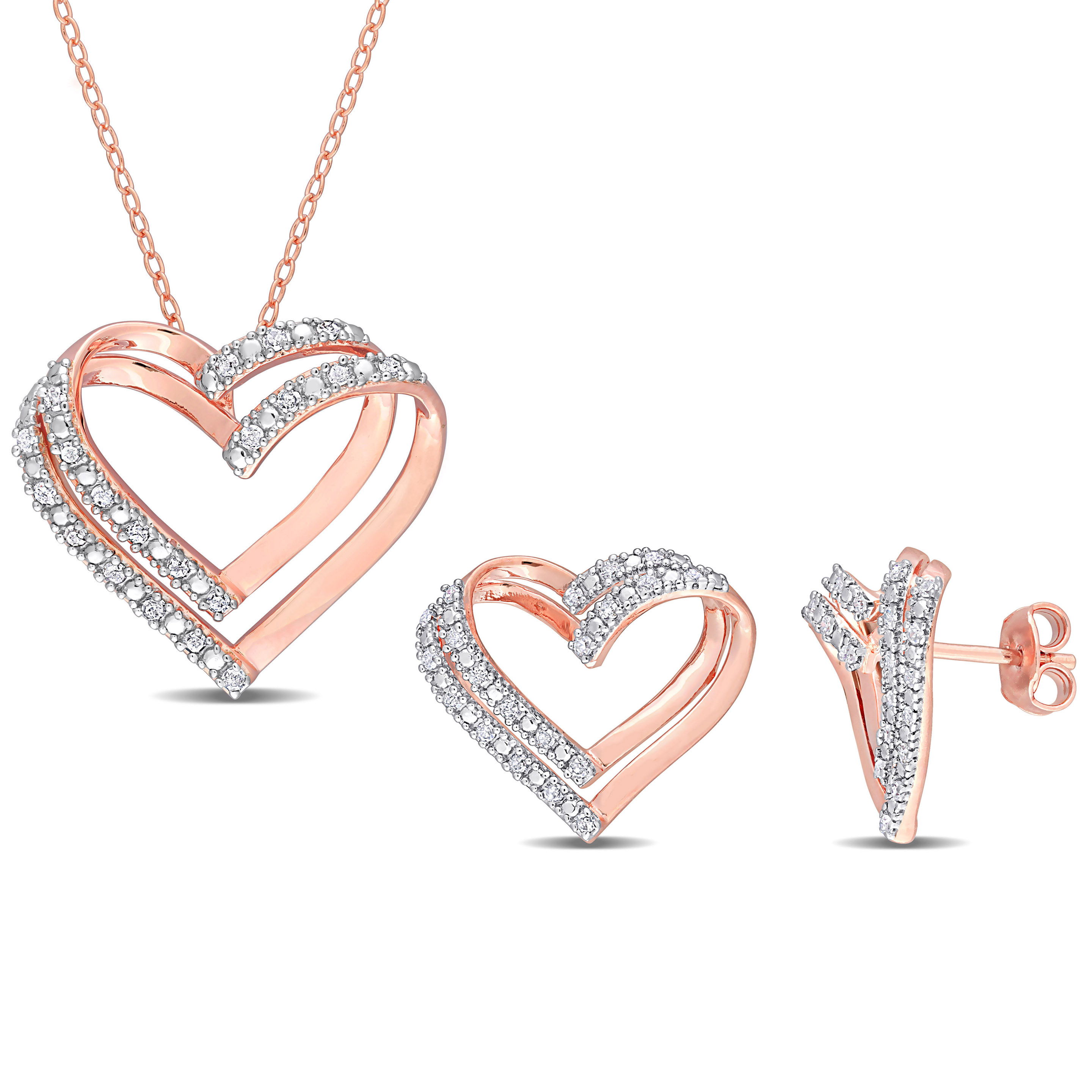 2/5 CT TW Diamond Heart Pendant with Chain and Earrings in Rose Plated Sterling Silver - 18 in