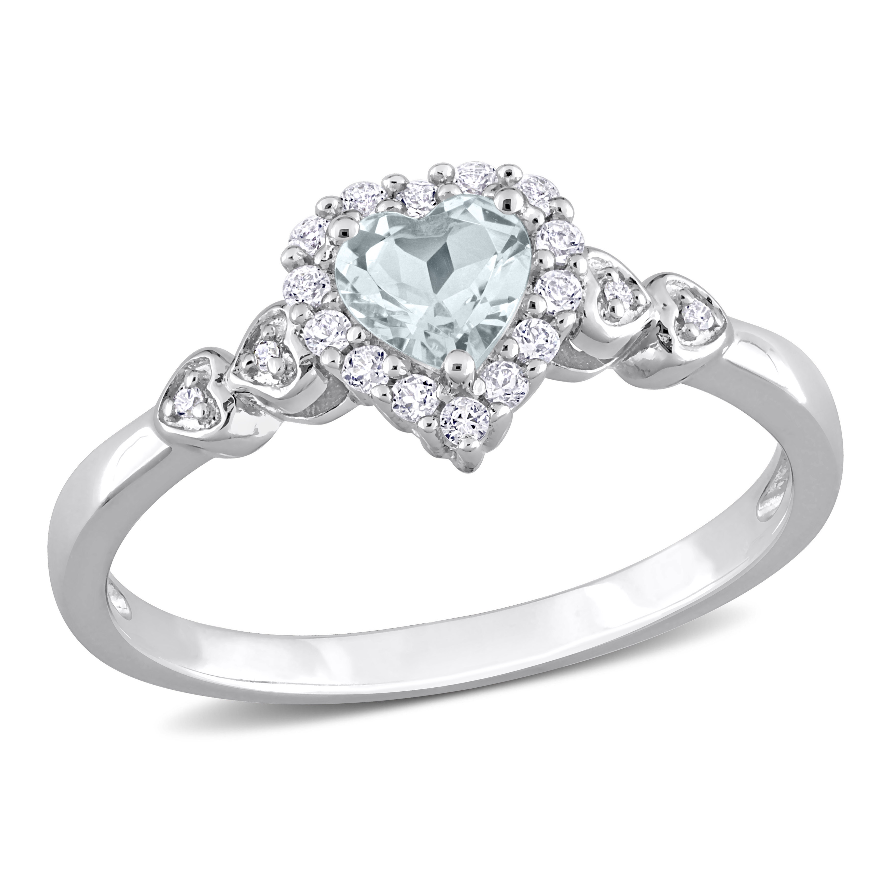 1/2 CT TGW Heart Shaped Aquamarine and White Topaz with Diamond Accent Halo Promise Ring in Rose Plated Sterling Silver