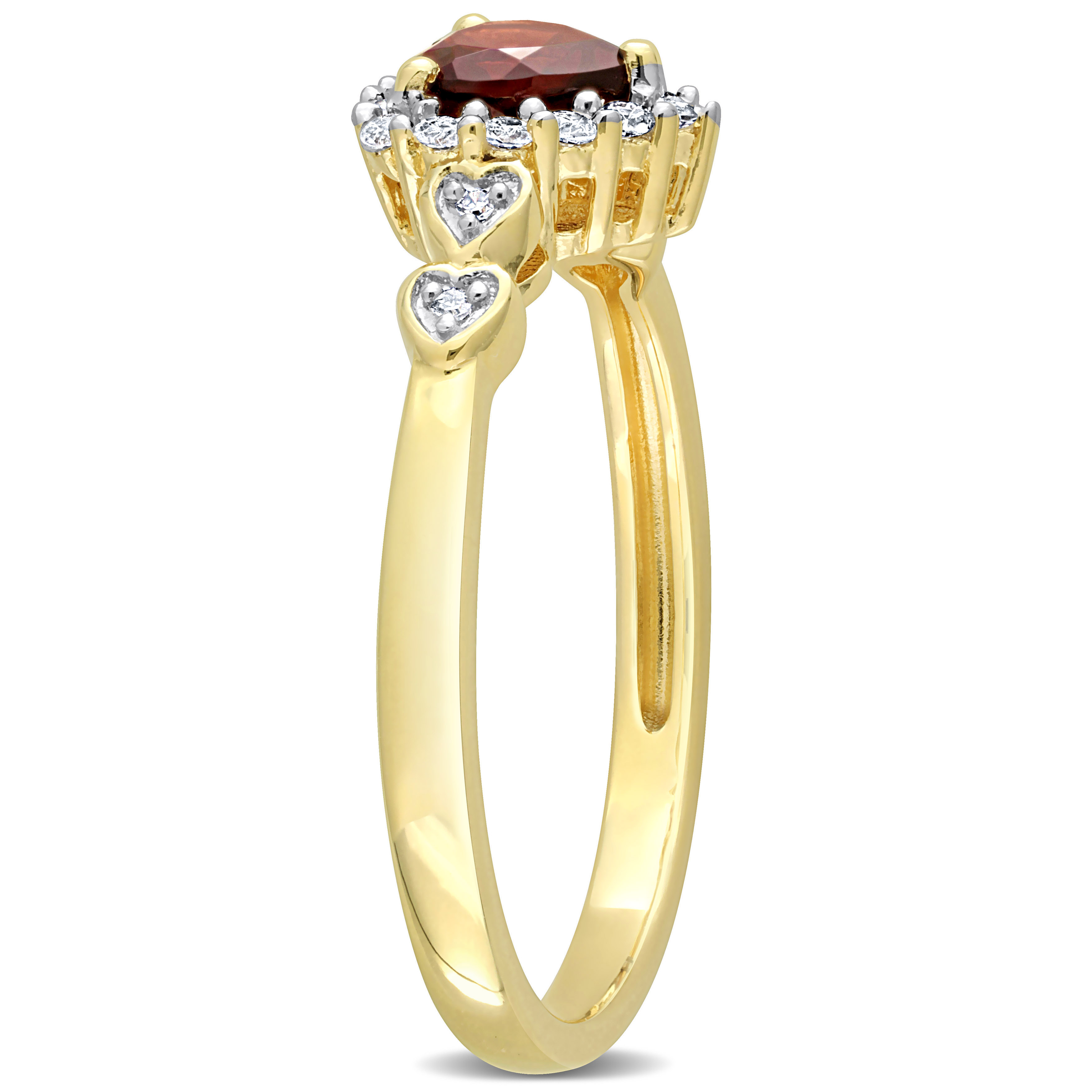 5/8 CT TGW Heart Shaped Garnet and Diamond Accent Halo Promise Ring in Yellow Plated Sterling Silver