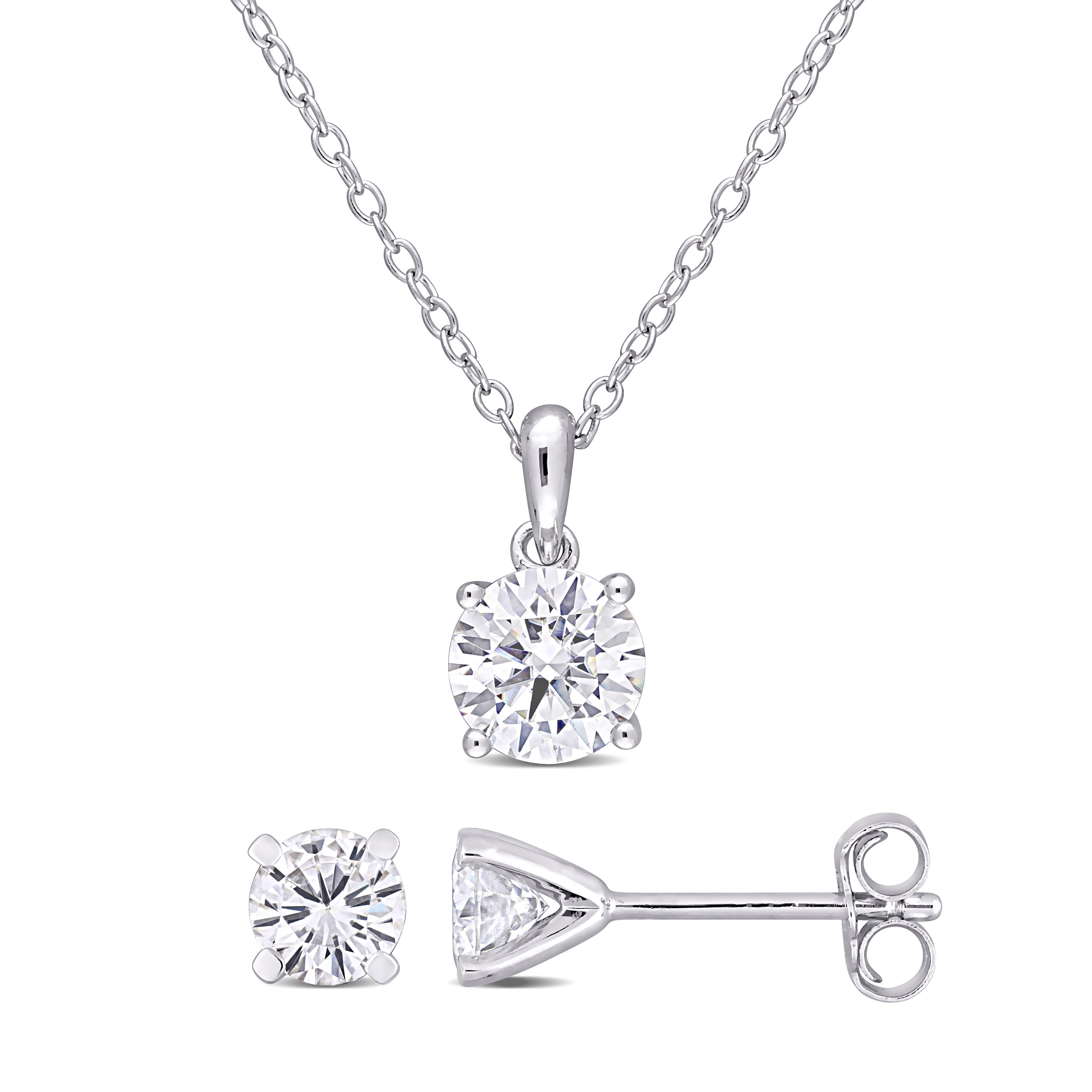 2 CT DEW Created Moissanite Stud Earrings and Pendant with Chain 2-Piece Set in Sterling Silver