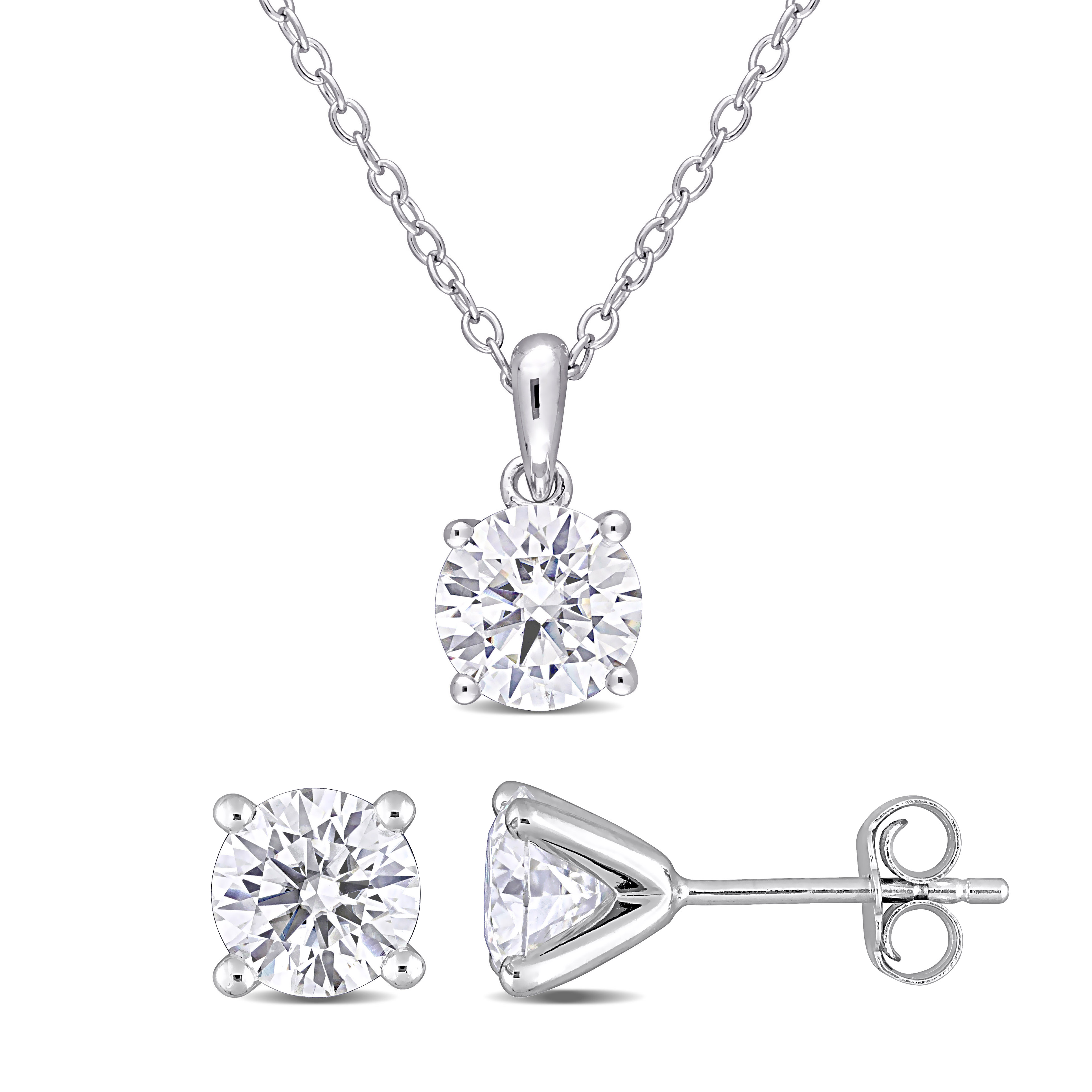 3 CT DEW Created Moissanite Solitaire Pendant with Chain and Stud Earrings Set in Sterling Silver