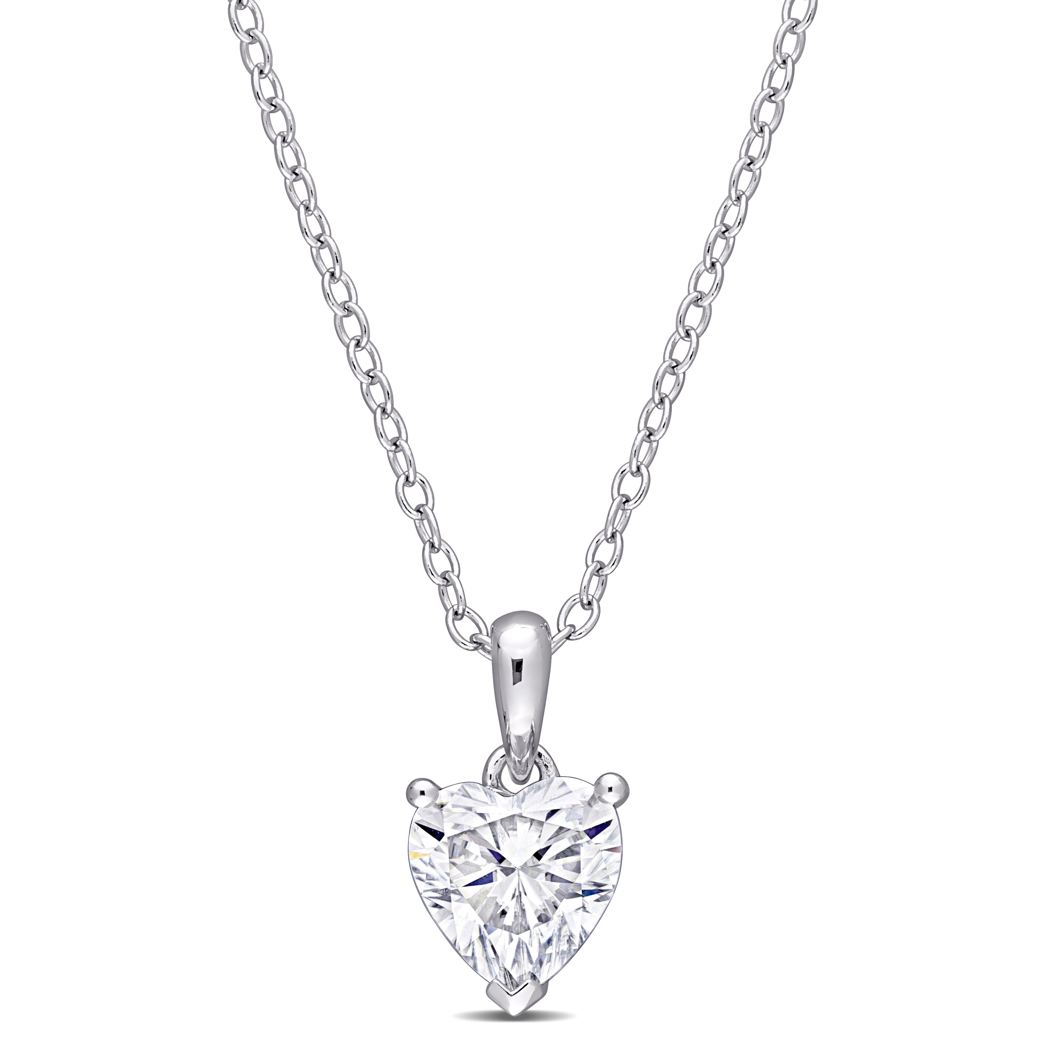 1 CT DEW Heart Shaped Created Moissanite Solitaire Pendant With Chain in Sterling Silver - 18 in.