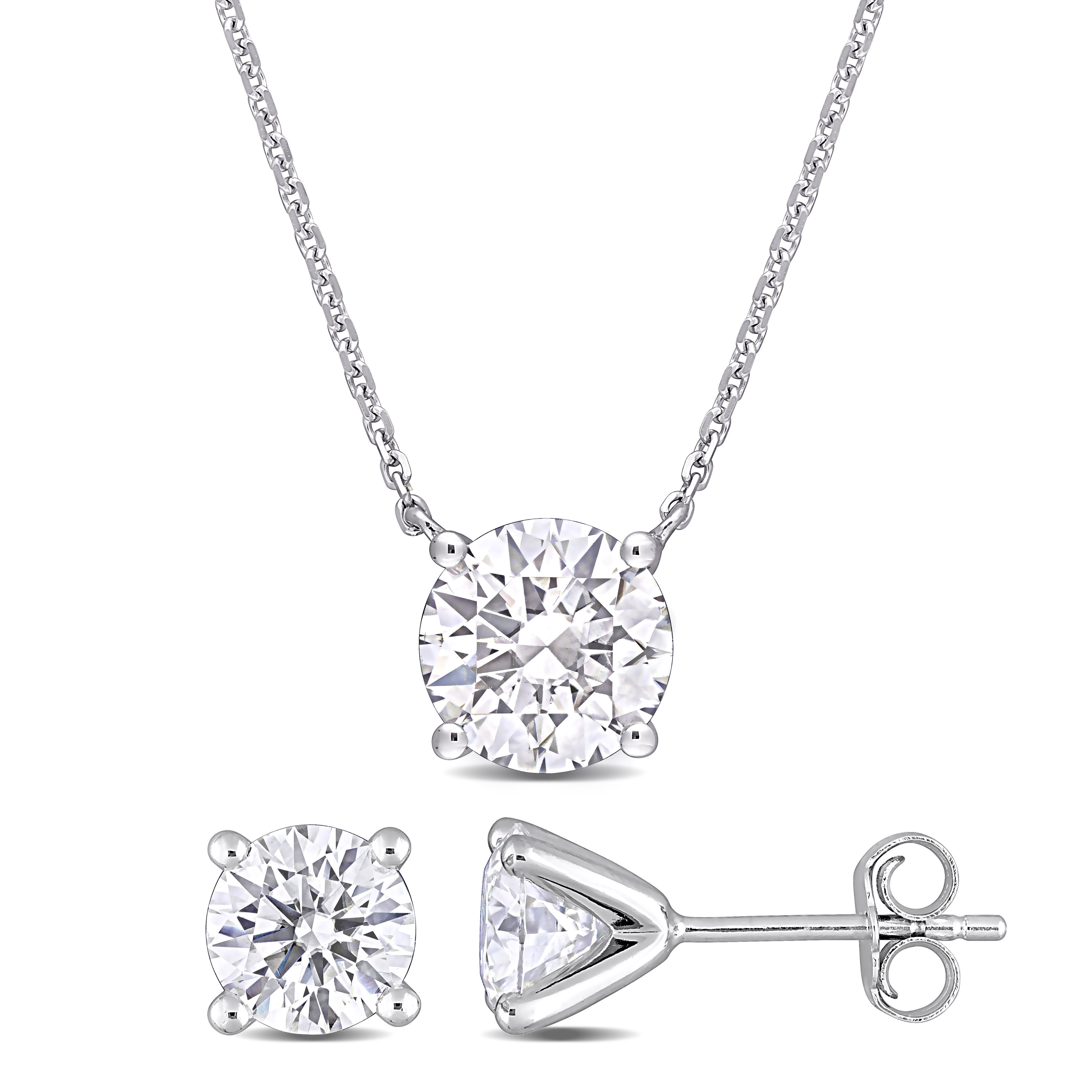 4ct DEW Created Moissanite Solitaire Necklace and stud Earrings Set in Sterling Silver - 17 in