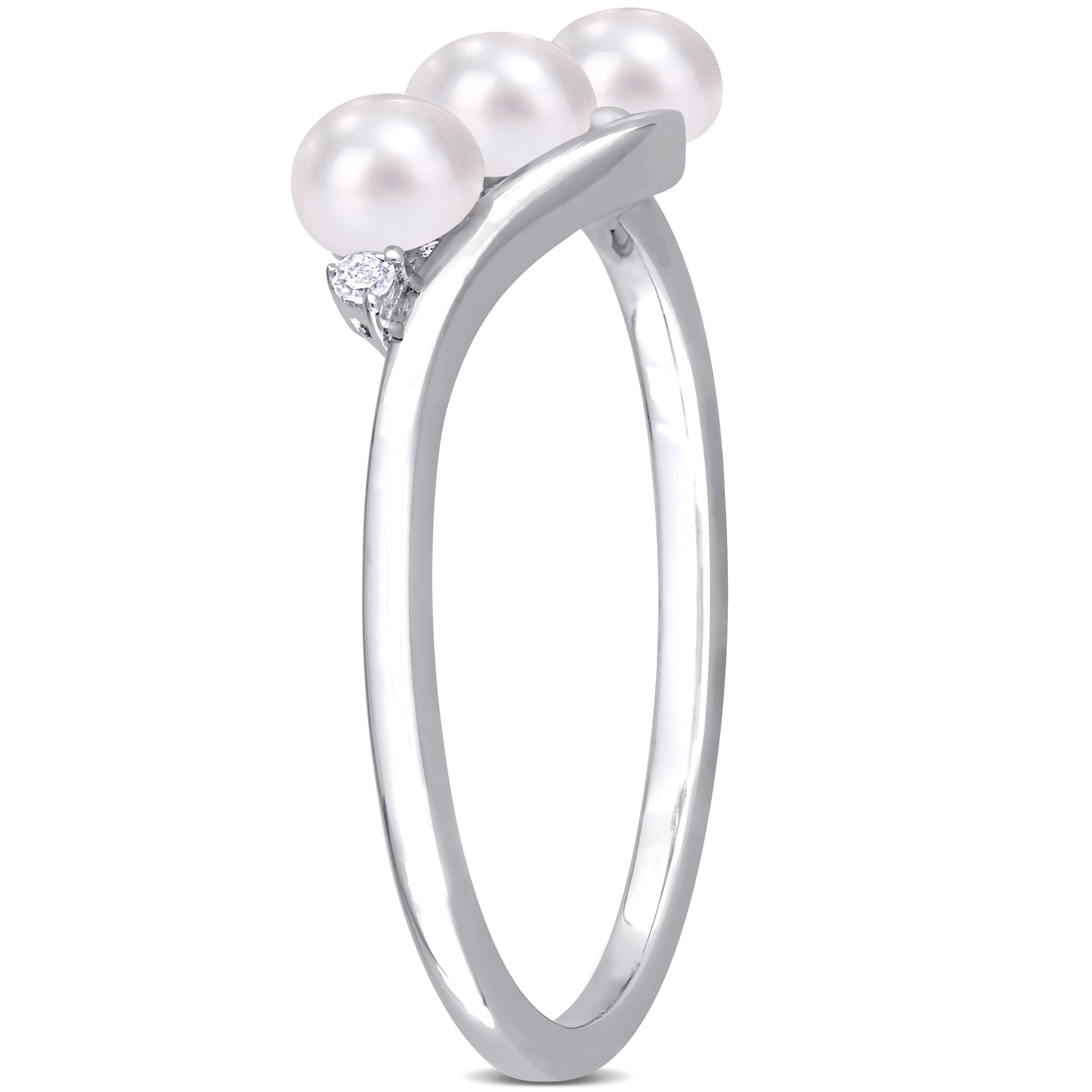 3.5-4mm Cultured Freshwater Pearl and Diamond Accent 3-Stone Bypass Ring in Sterling Silver