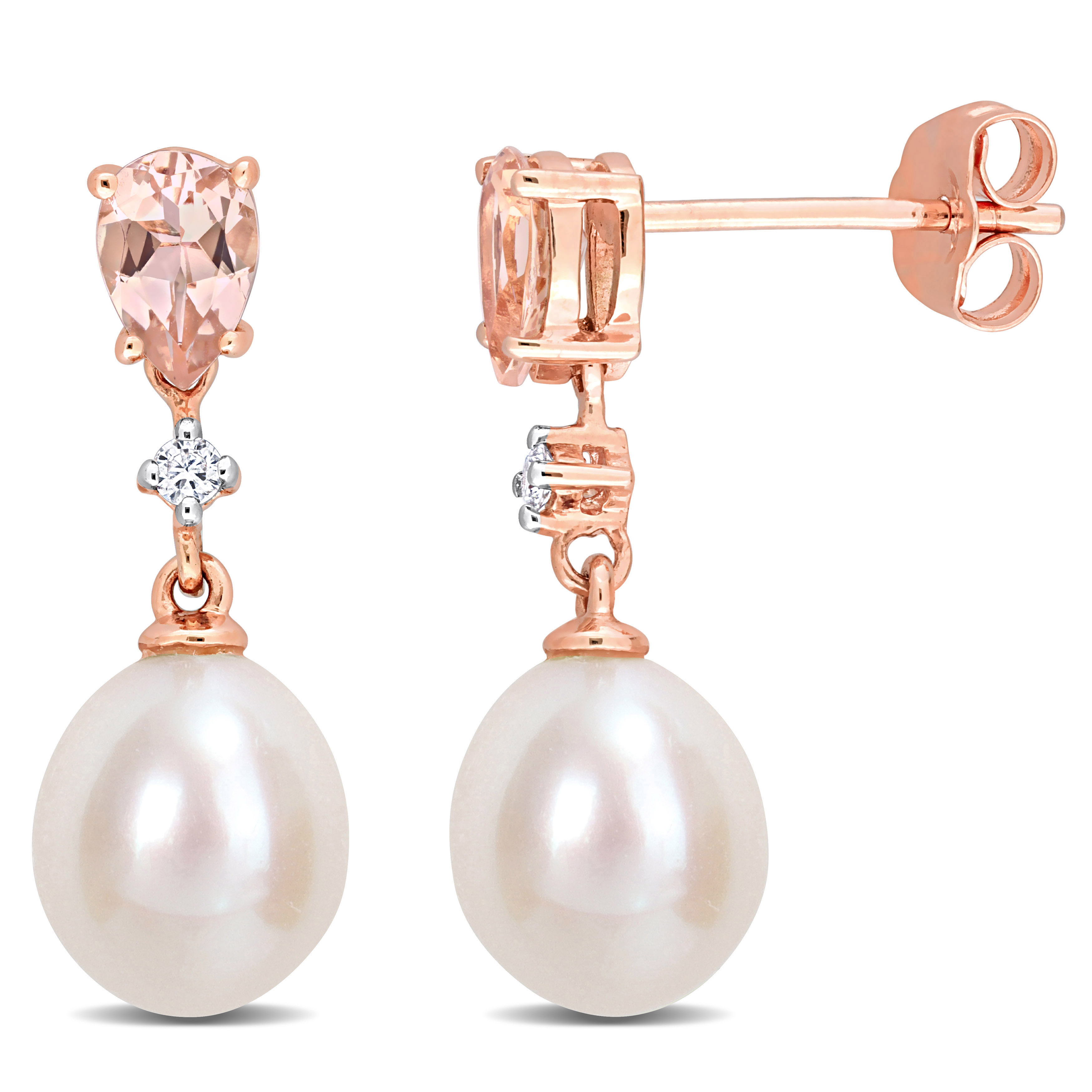8-8.5 MM Freshwater Cultured Pearl 4/5 CT TGW Morganite and Diamond Accent Drop Stud Earrings in 14k Rose Gold