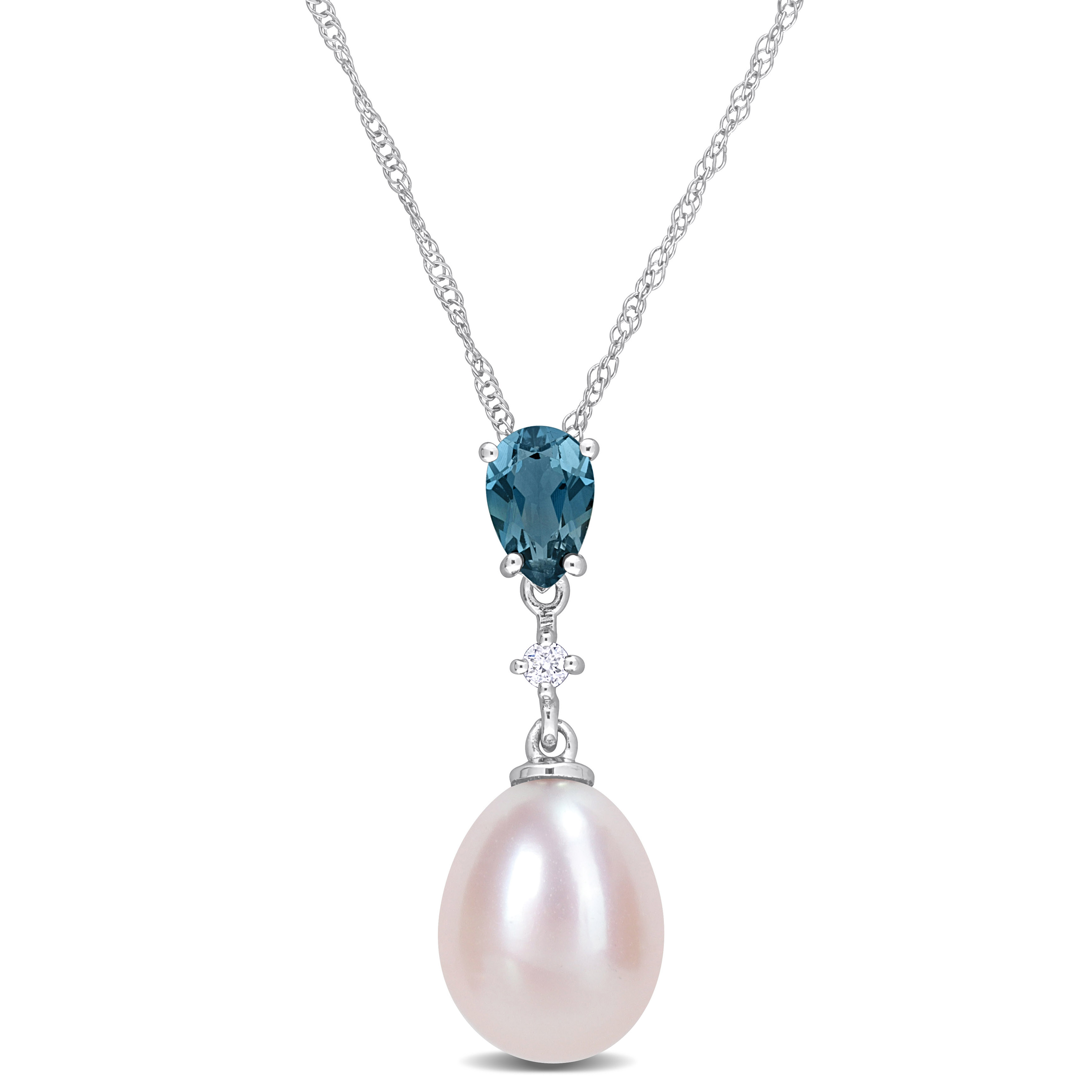 8-8.5 MM Rice-Shaped Pink Freshwater Cultured Pearl Pear-Cut 1/2CT TGW London-Blue Topaz and Diamond Accent Drop Pendant with Chain in 10k Yellow Gold