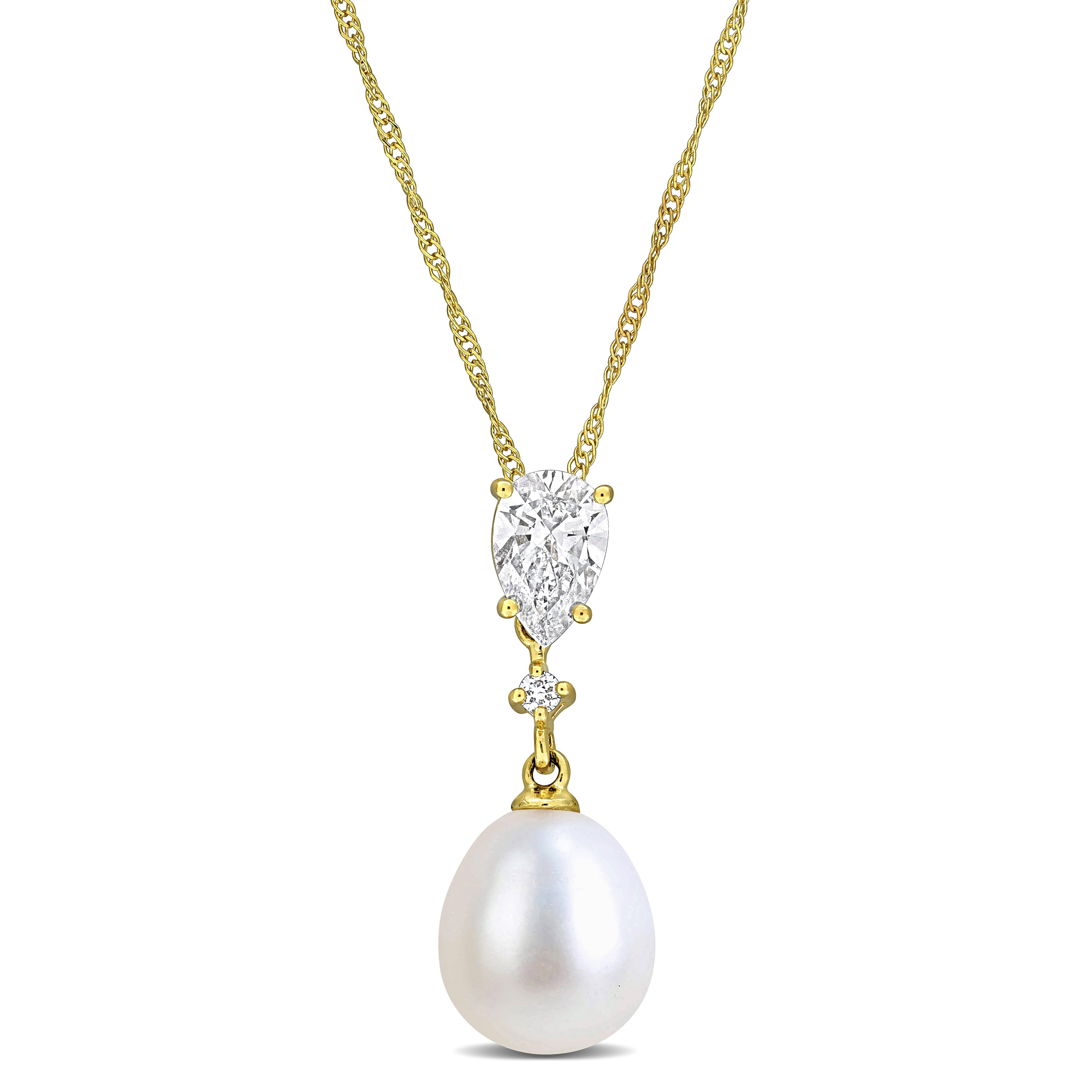 8-8.5mm Cultured Freshwater Pearl and 1/2ct TW Lab-Grown Diamond Drop Pendant with Chain in 14k Yellow Gold - 17 in