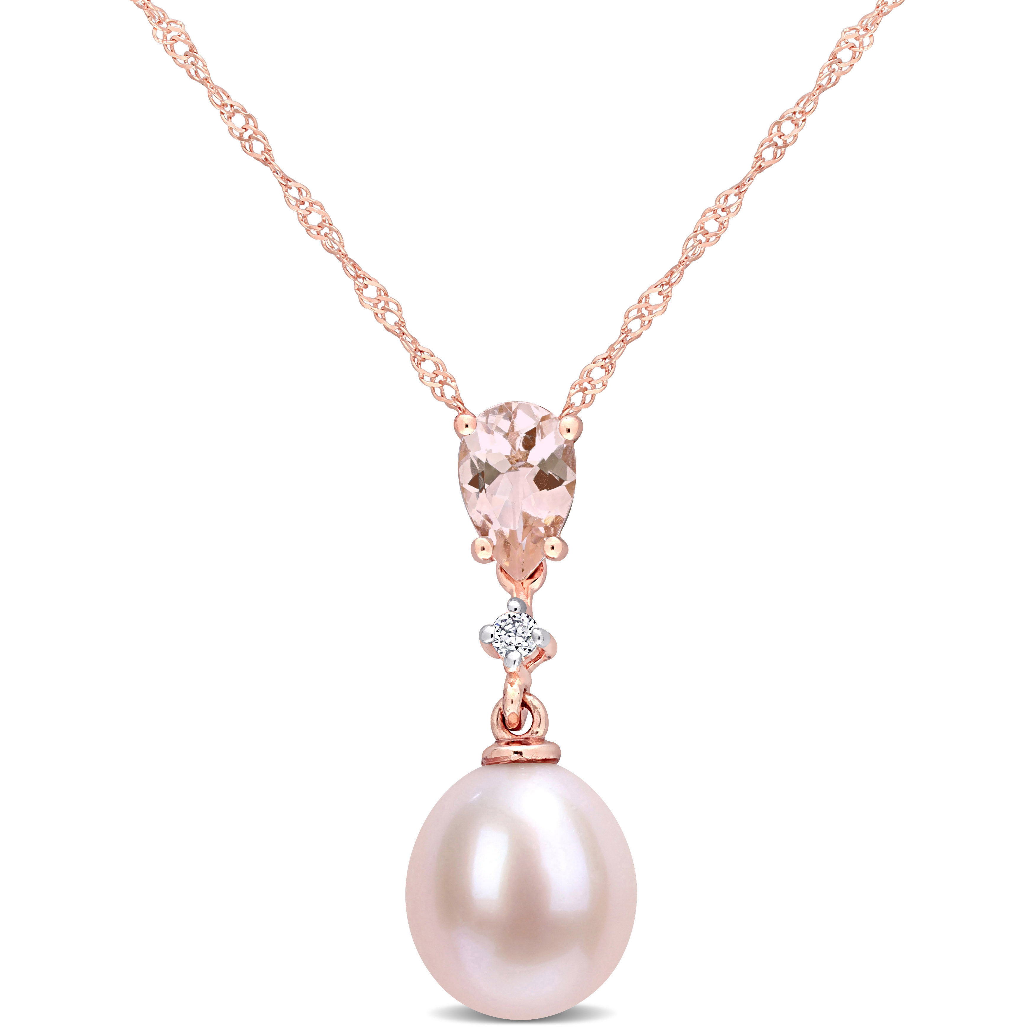 9-9.5 MM Cultured Freshwater Pink Pearl with 4/5 Ct TGW Pear Shape Morganite and Diamond Accent Drop Pendant in 10k Rose Gold with Chain