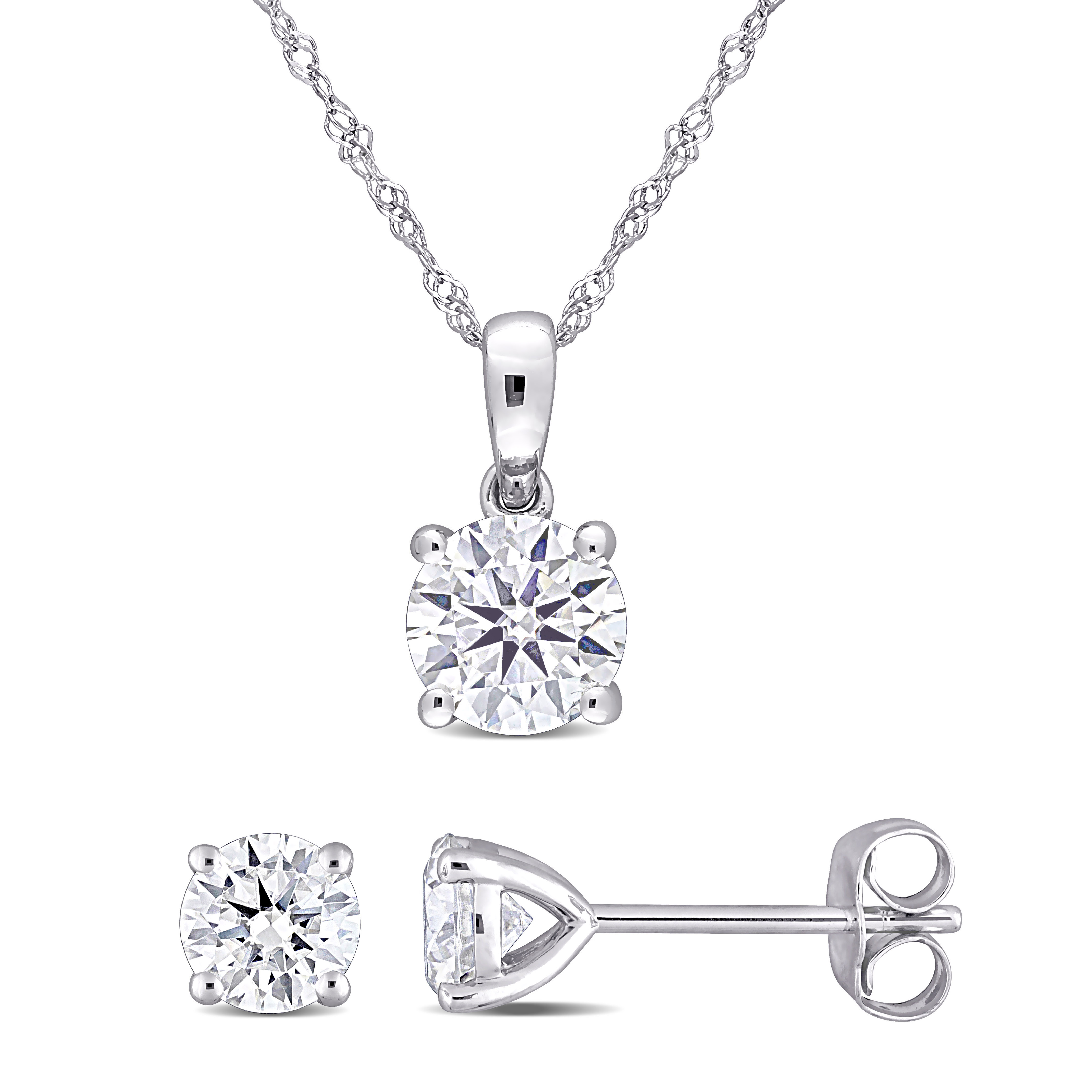 2 CT DEW Created Moissanite Solitaire Stud Earrings and Pendant with Chain 2-Piece Set in 10K White Gold