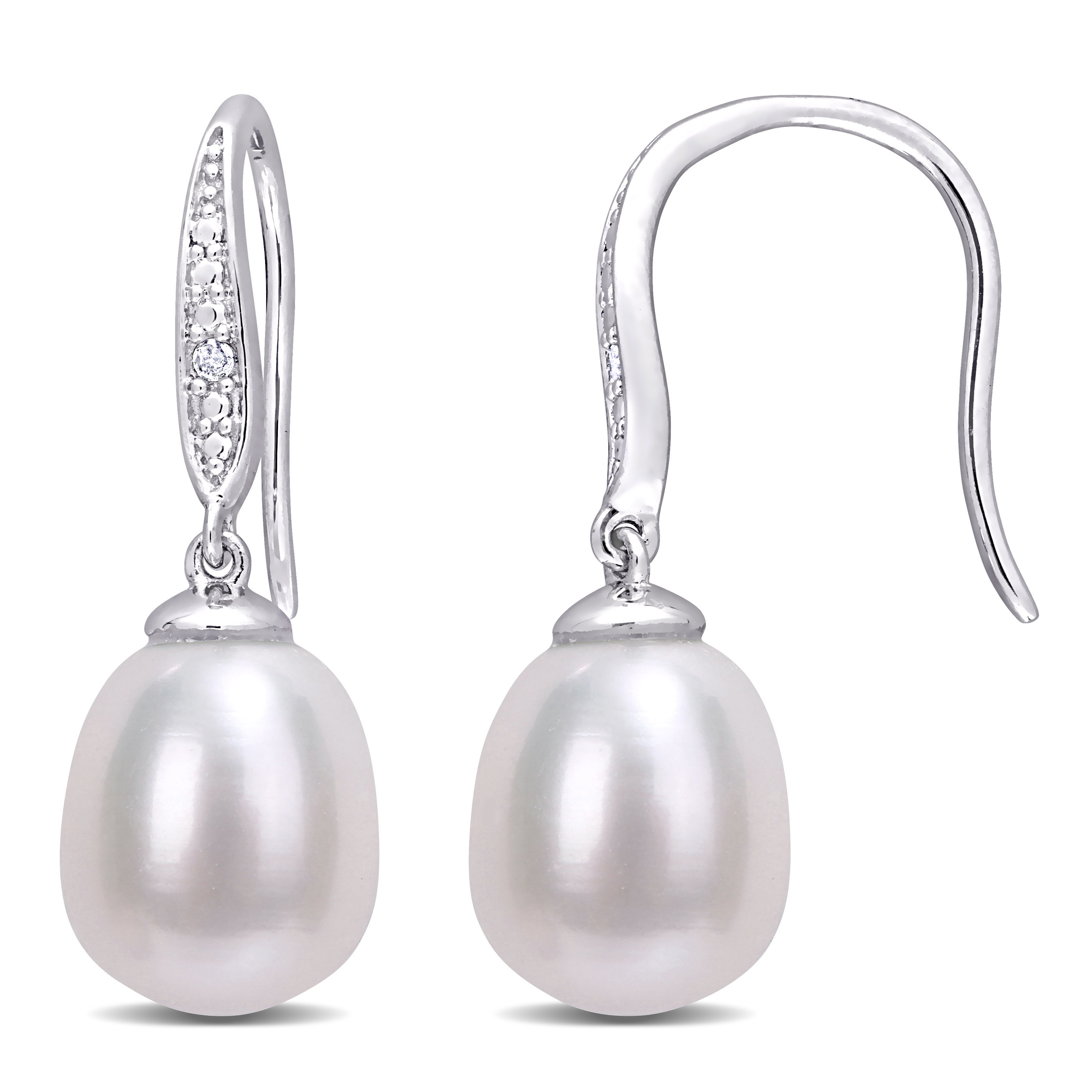 8.5-9mm Cultured Freshwater Pearl and Diamond Accent Shepherd Hook Earrings in Sterling Silver