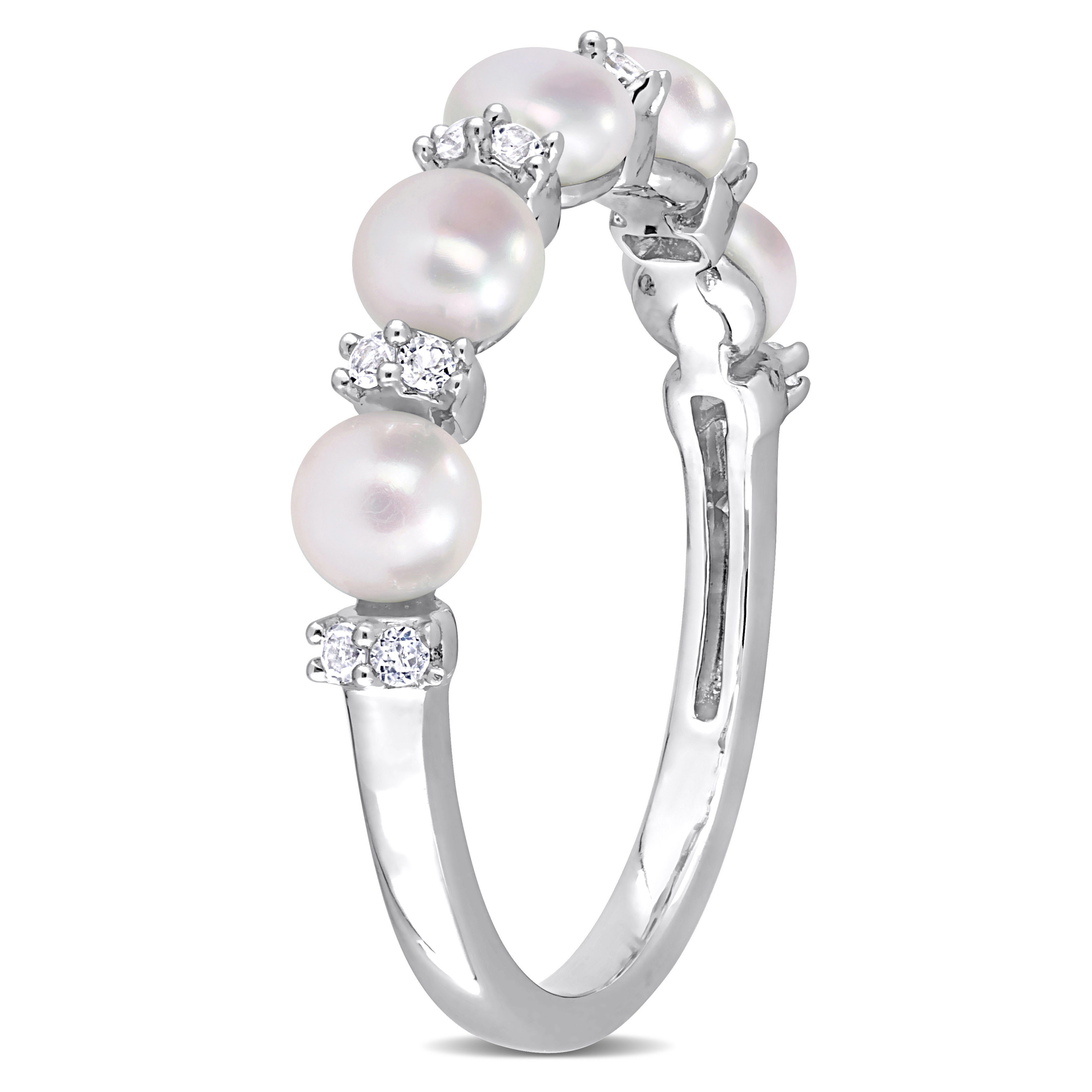 3.5-4 MM Cultured Freshwater Pearl and 1/8 CT TGW White Topaz Semi Eternity Ring in Sterling Silver