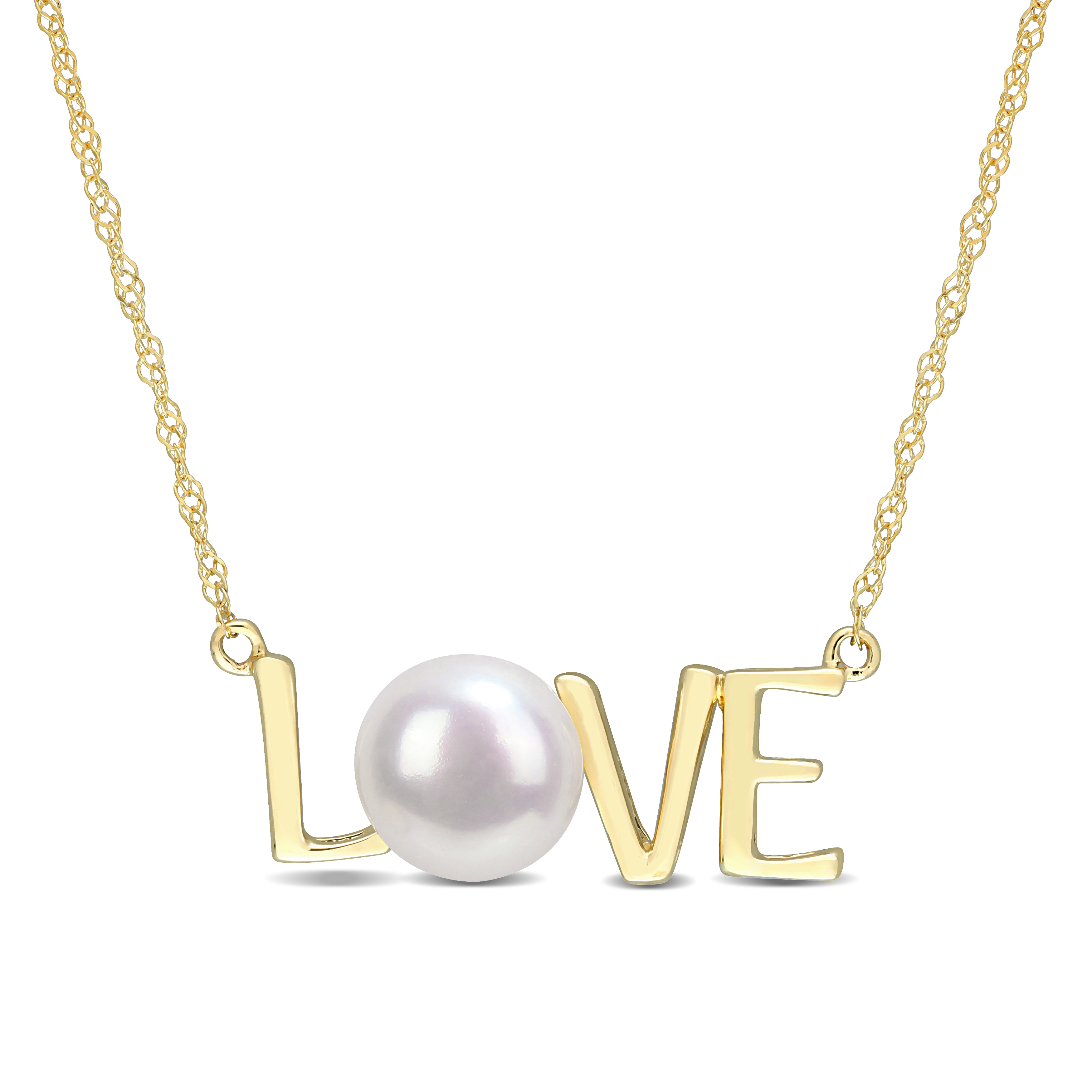 7-7.5 MM Freshwater Cultured Pearl LOVE Pendant with Chain in 10k Yellow Gold