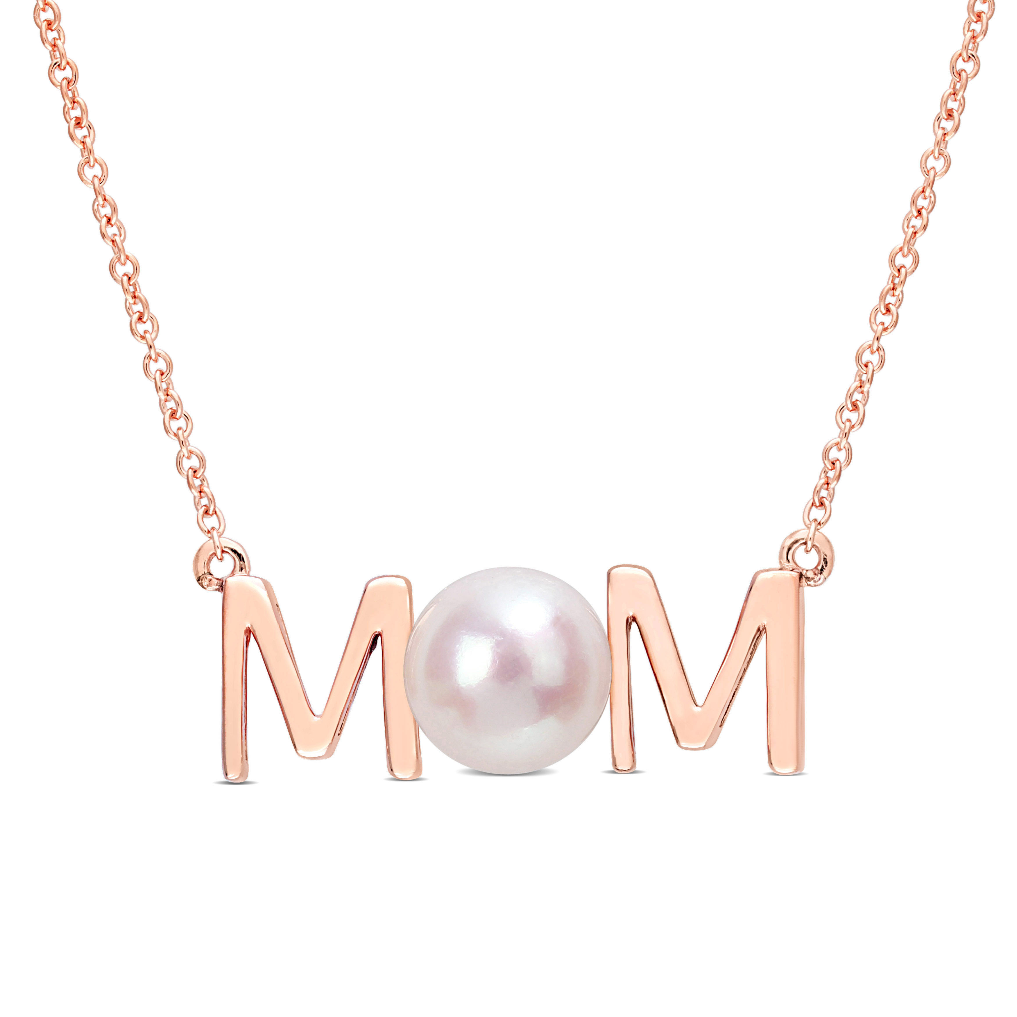 7-7.5 MM Freshwater Cultured Pearl "MOM" Pendant with Chain in 10k Rose Gold