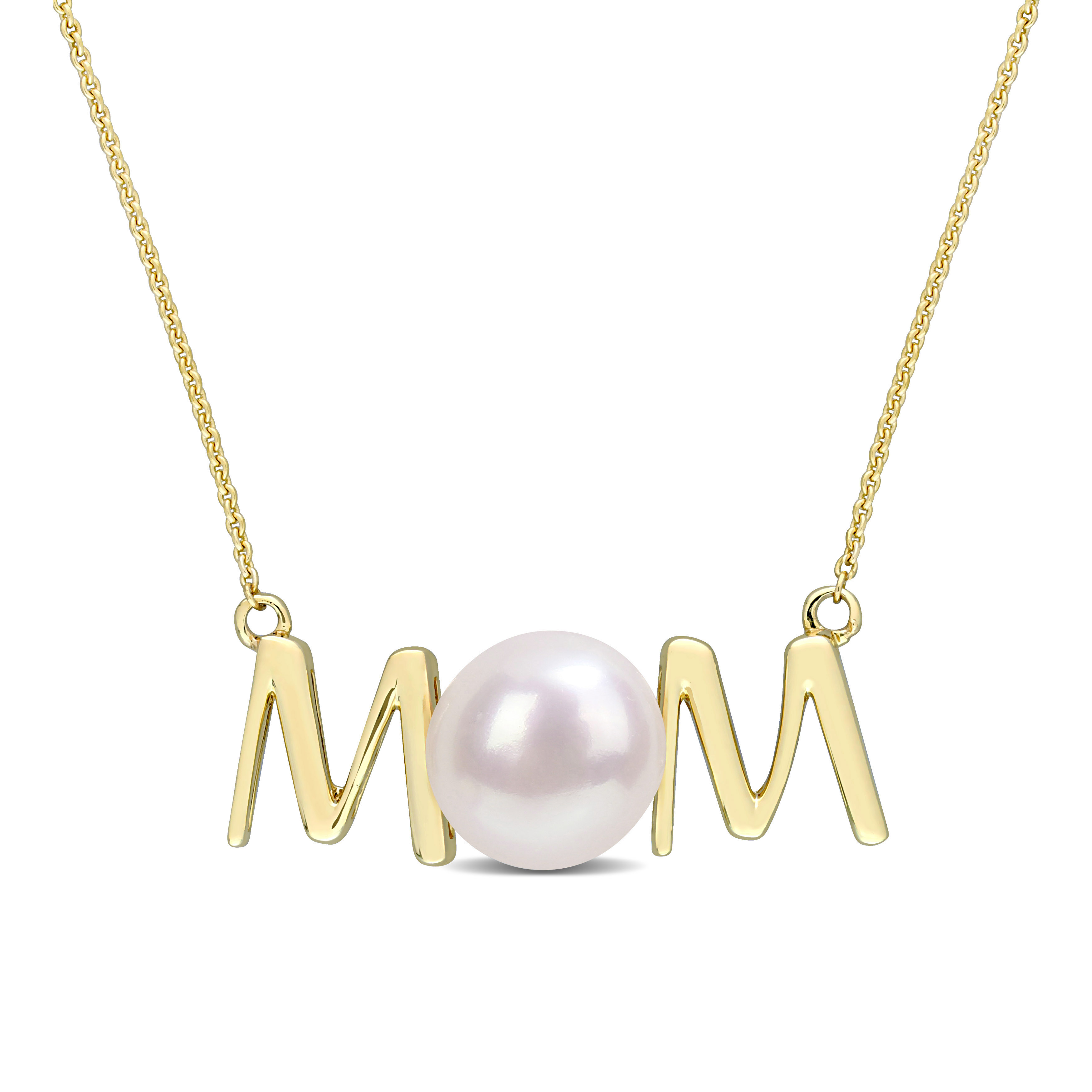 7-7.5 MM Freshwater Cultured Pearl MOM Pendant with Chain in 10k Yellow Gold