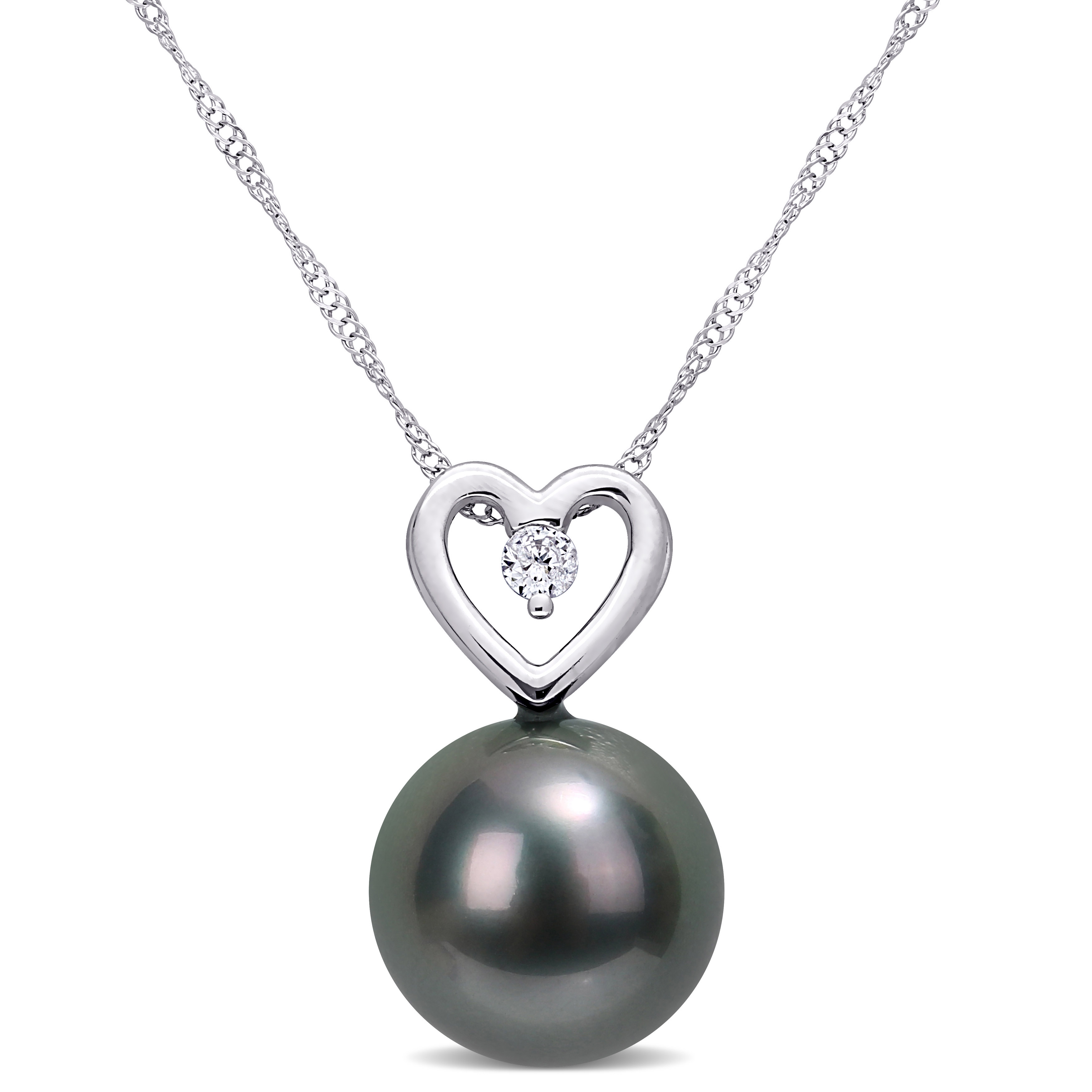 9.5-10 MM Black Tahitian Cultured Pearl and Diamond Accent Heart Drop Pendant with Chain in 10k White Gold