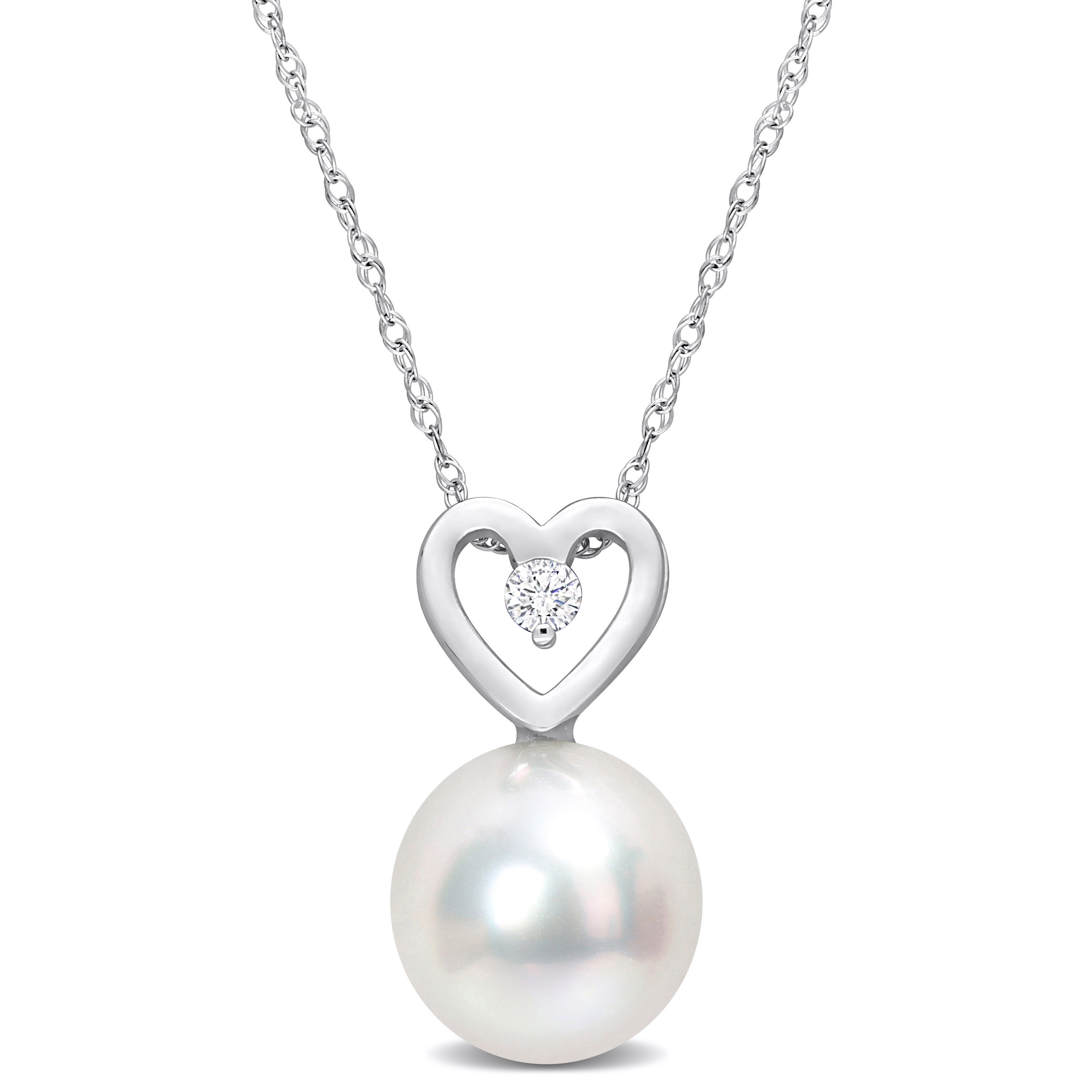 9.5-10 MM South Sea Cultured Pearl and Diamond Accent Heart Drop Pendant with Chain in 10k White Gold