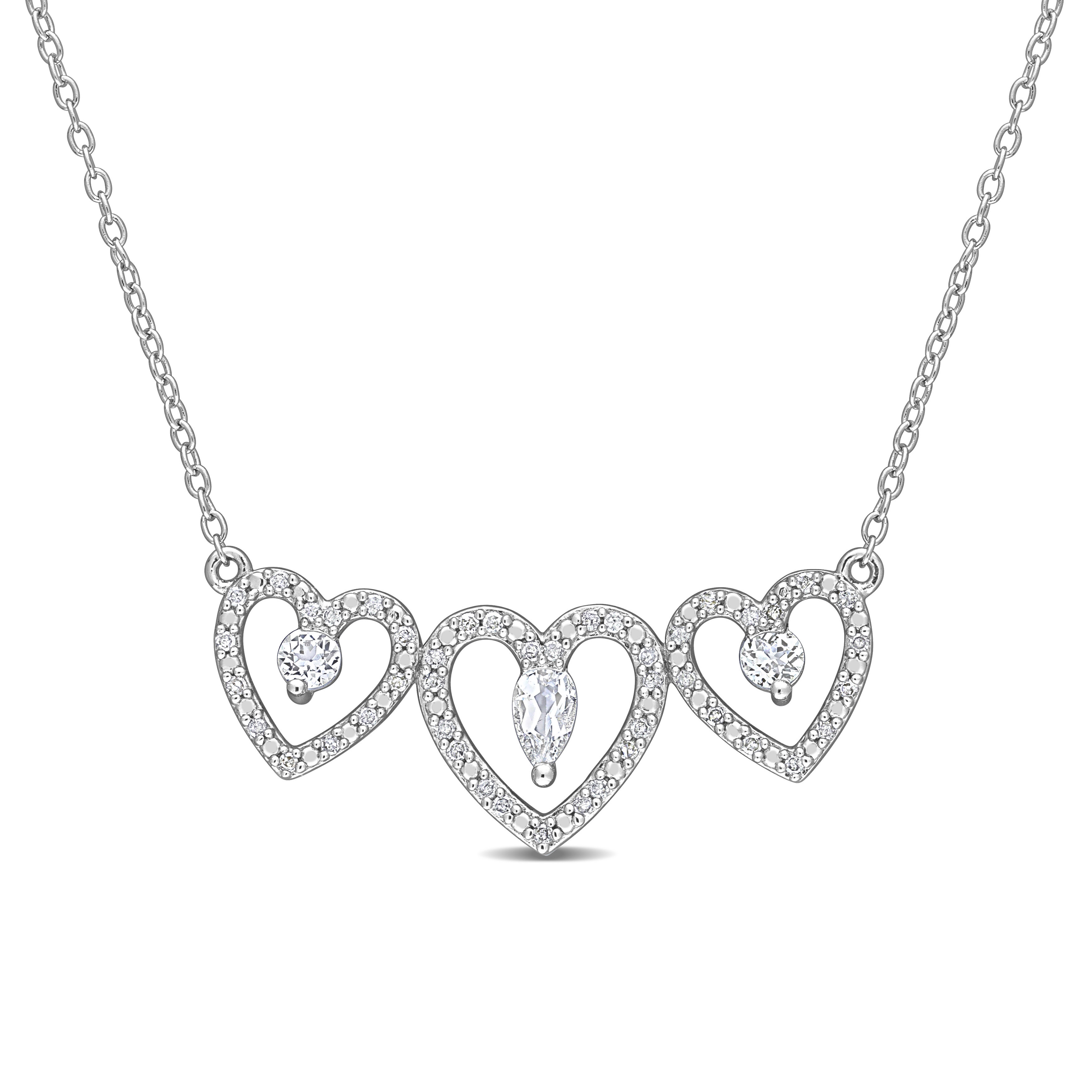 1/2 CT TGW White Topaz and 1/5 CT TDW Diamond Triple Heart Necklace in Sterling Silver - 16 in.