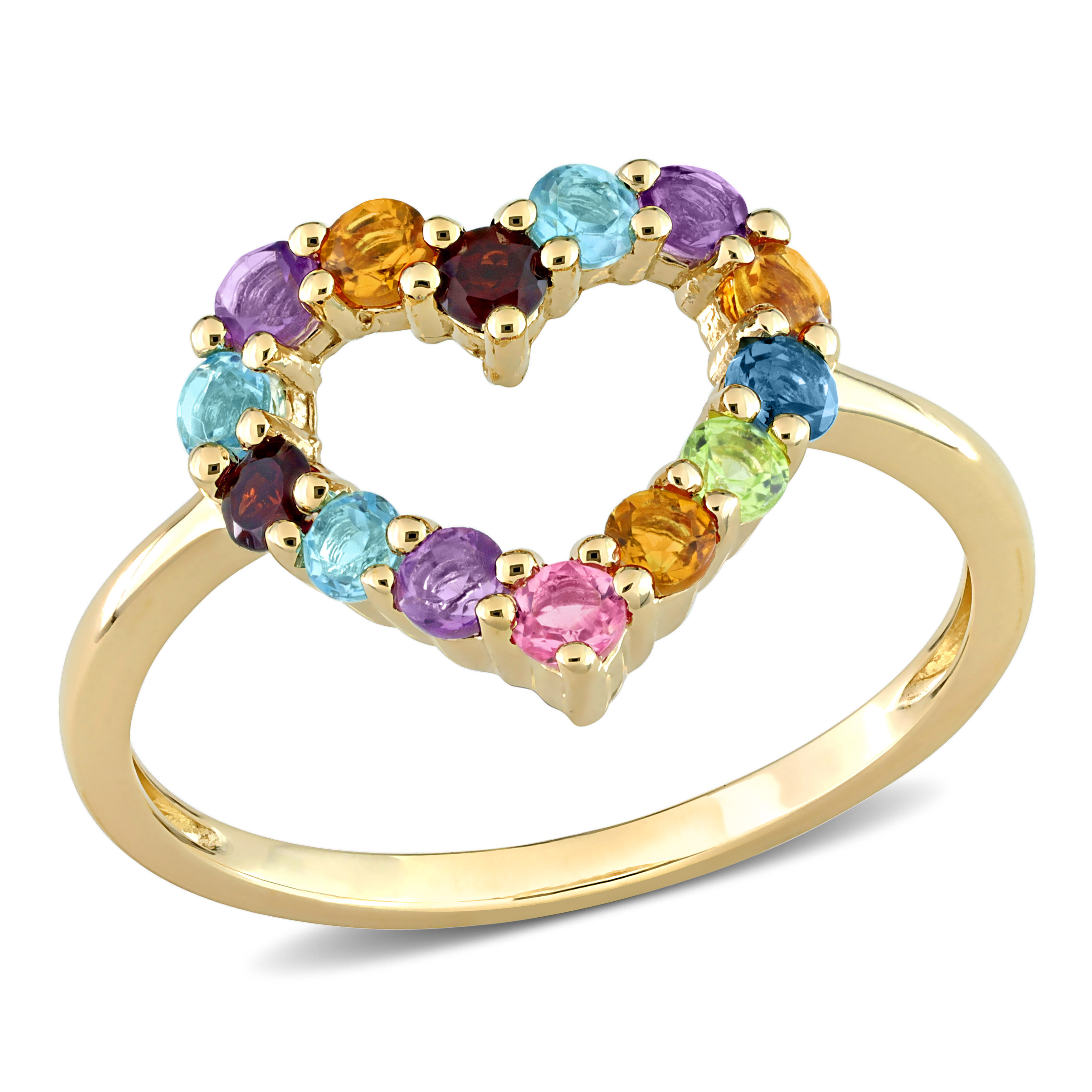 3/4 CT TGW Multi-Color Gemstones Open Heart Ring in 10k Yellow Gold
