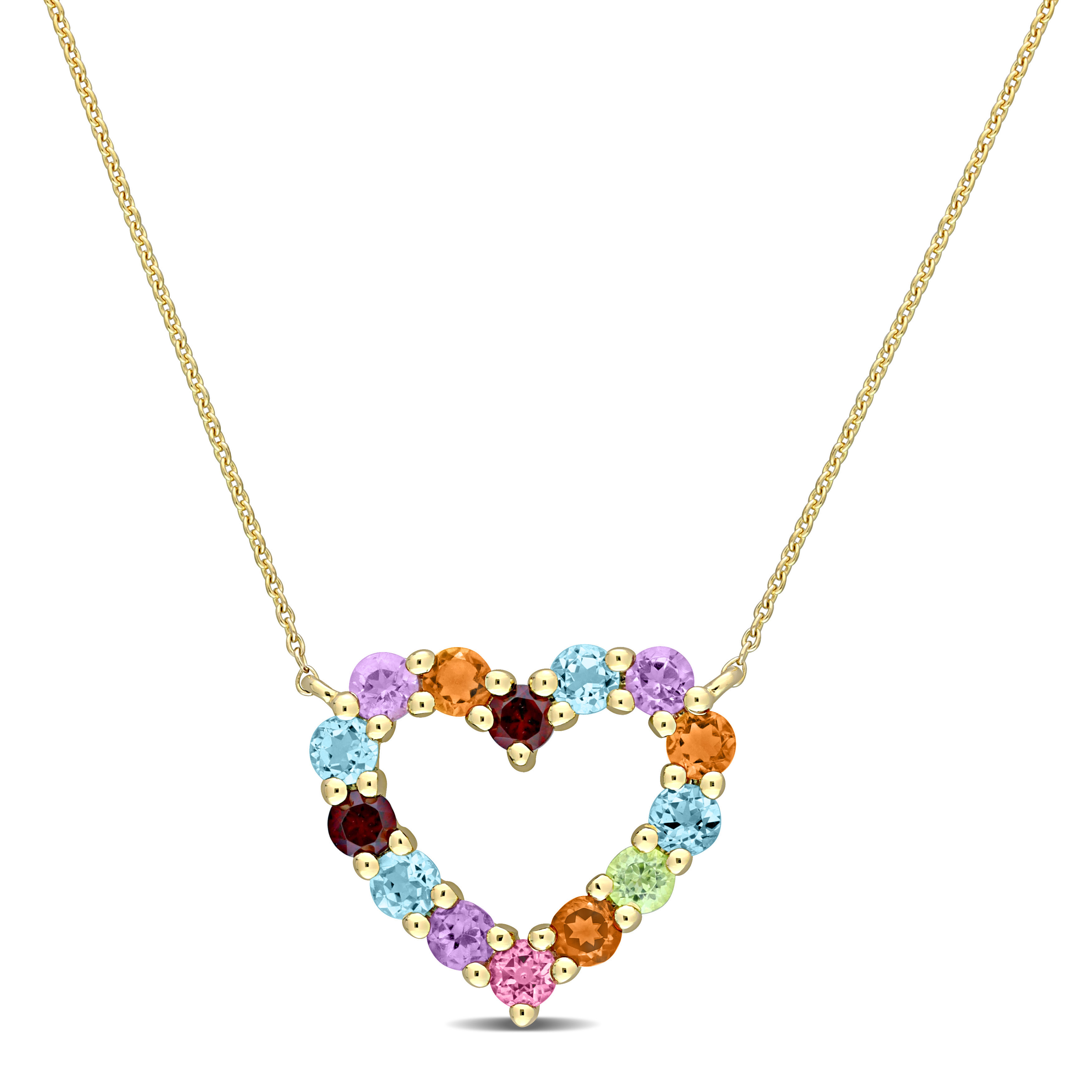 1 CT TGW Multi-Color Gemstone Open Heart Pendant with Chain in 10k Yellow Gold