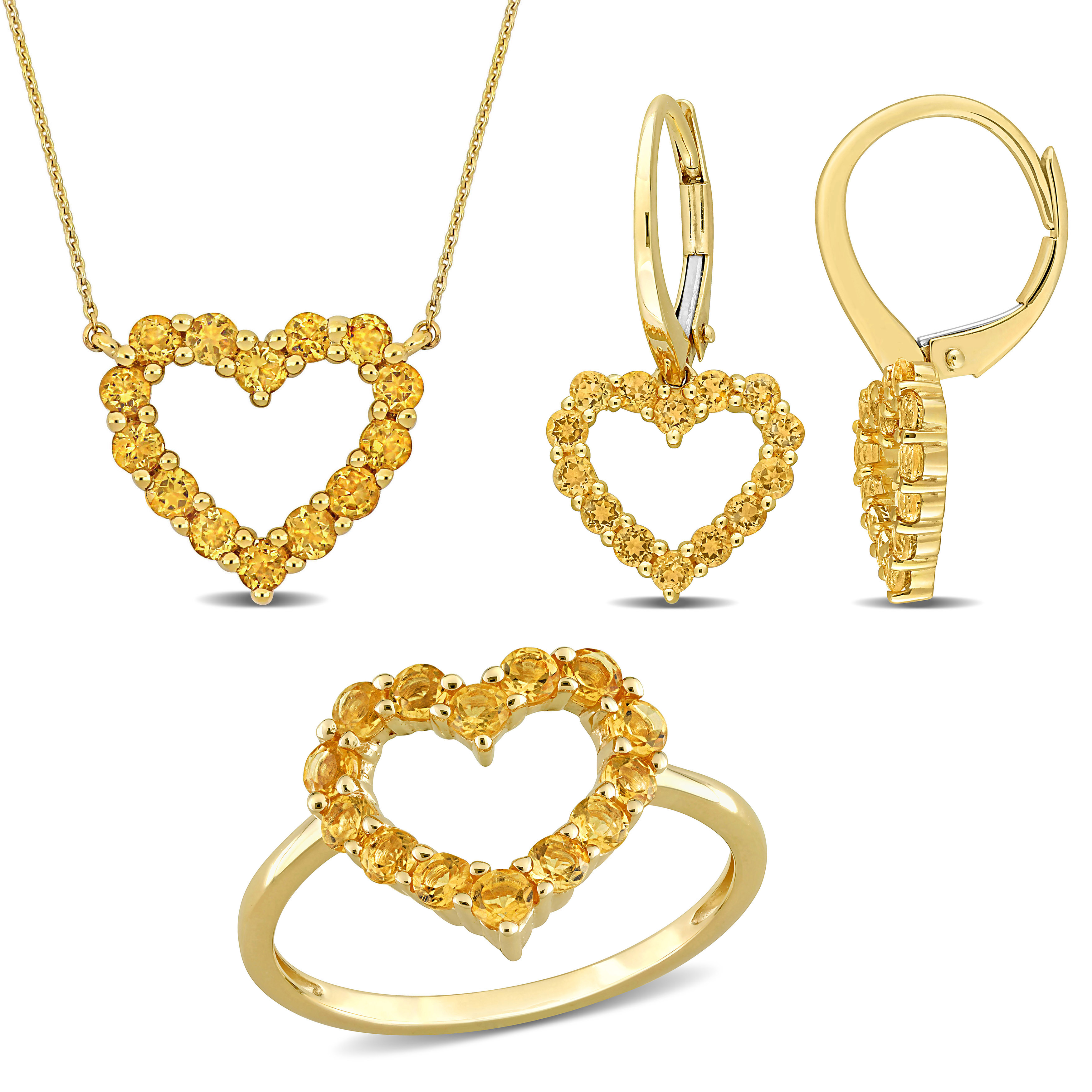 2 1/2 CT TGW Citrine 3-Piece Jewelry Set - Heart Pendant with Chain, Earrings and Ring in 10k Yellow Gold