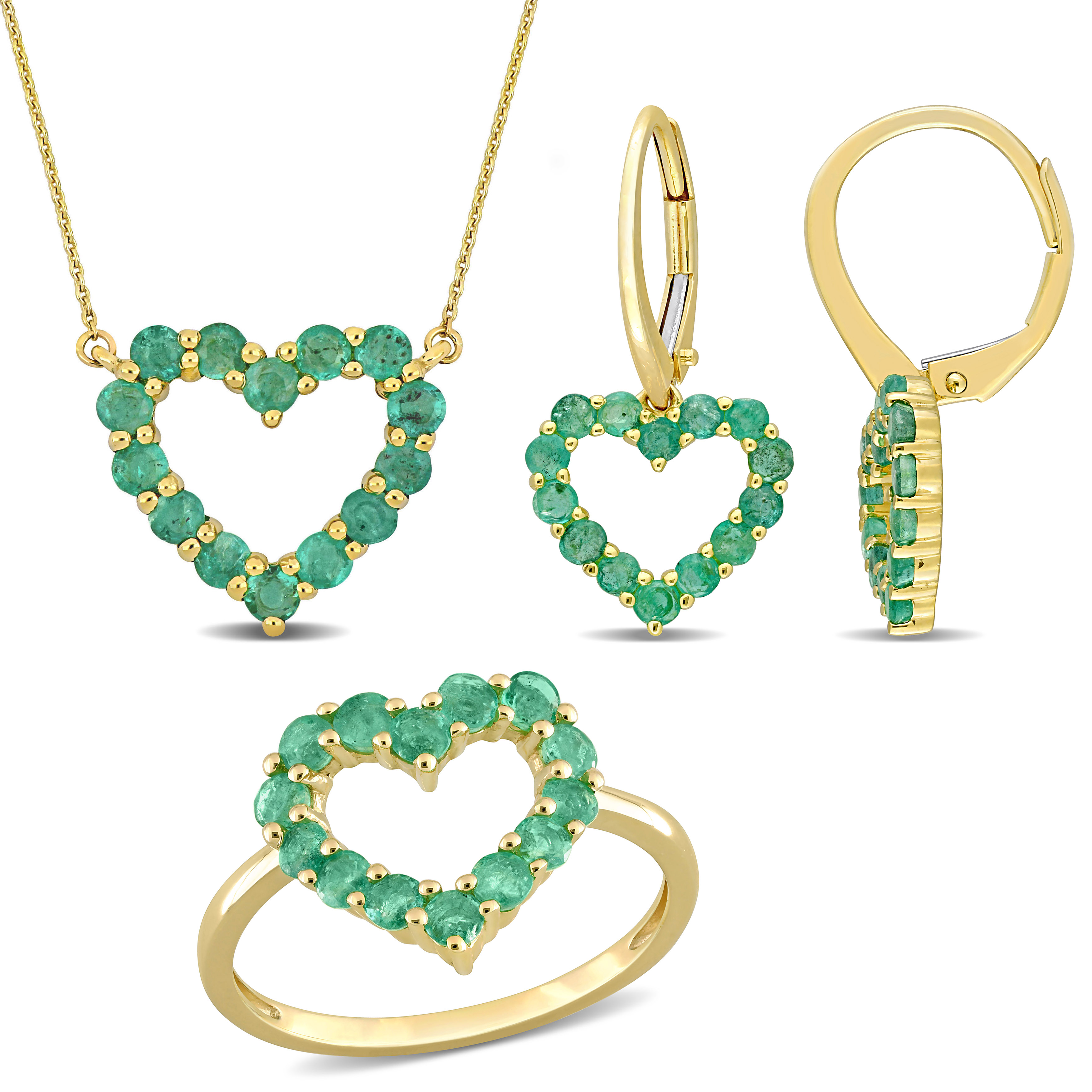 2 1/4 CT TGW Emerald 3-Piece Jewelry Set - Heart Pendant with Chain, Earrings and Ring in 10k Yellow Gold