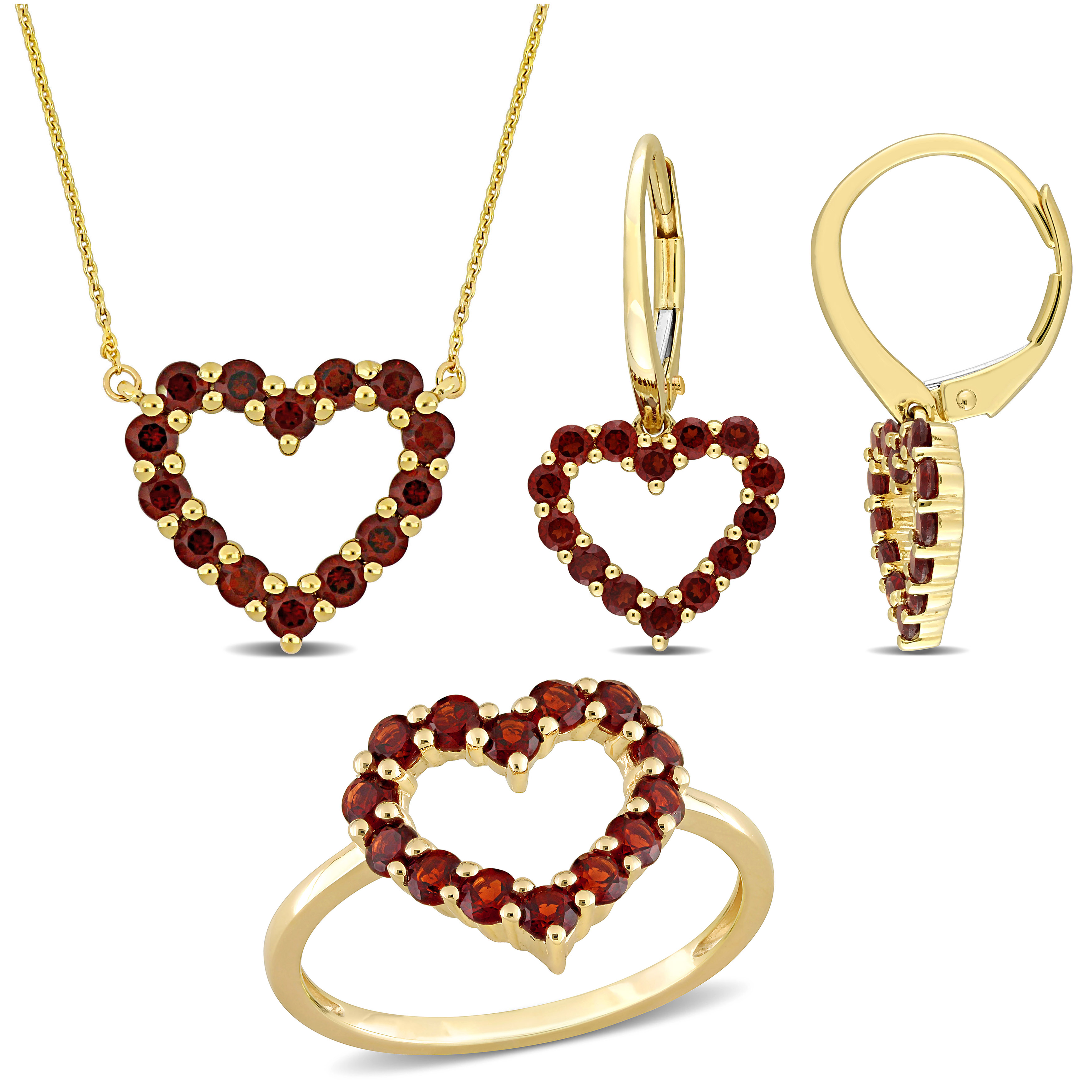 3 1/4 CT TGW Garnet 3-Piece Jewelry Set - Heart Pendant with Chain, Earrings and Ring in 10k Yellow Gold