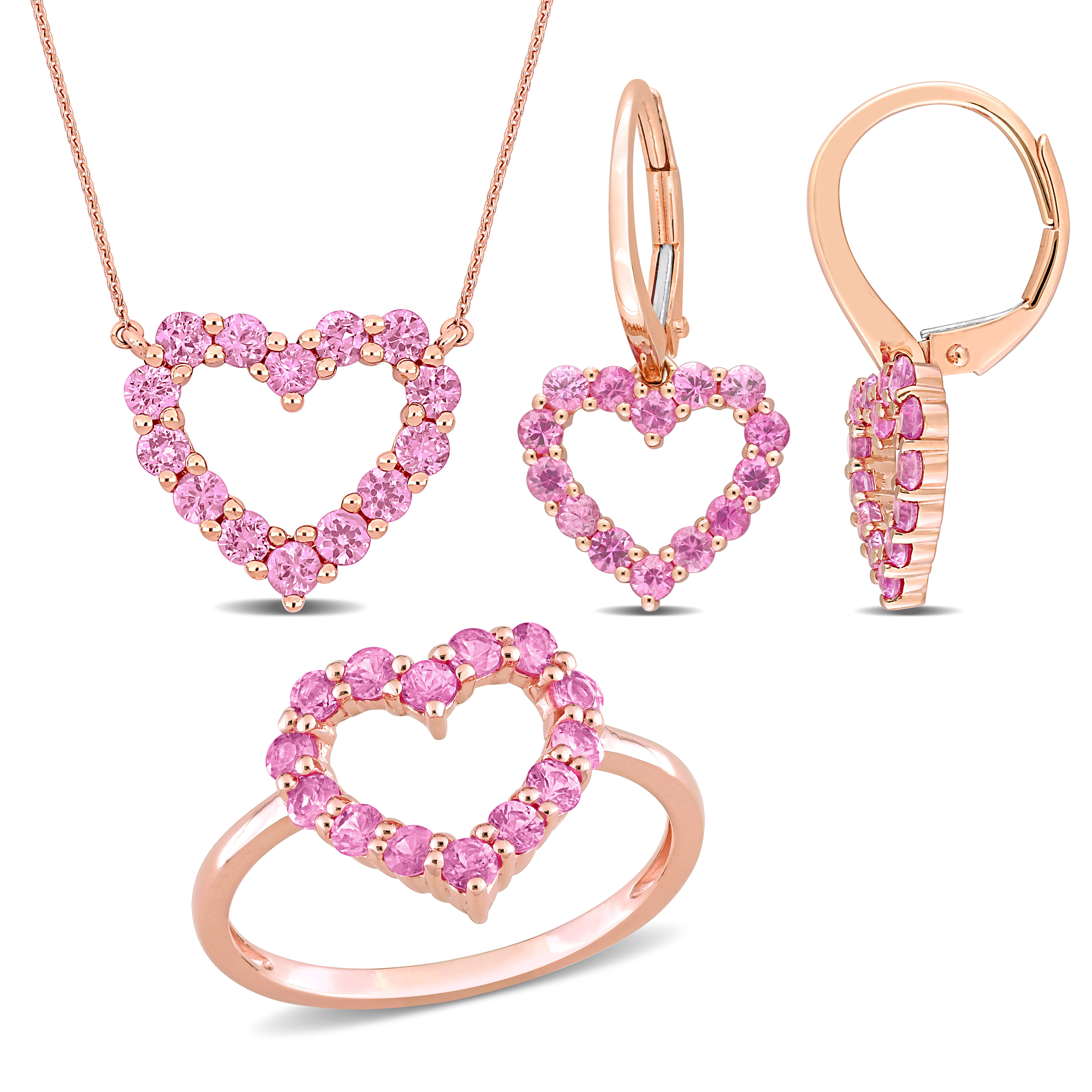 3 1/5 CT TGW Pink Sapphire 3-Piece Jewelry Set - Heart Pendant with Chain, Earrings and Ring in 10k Rose Gold