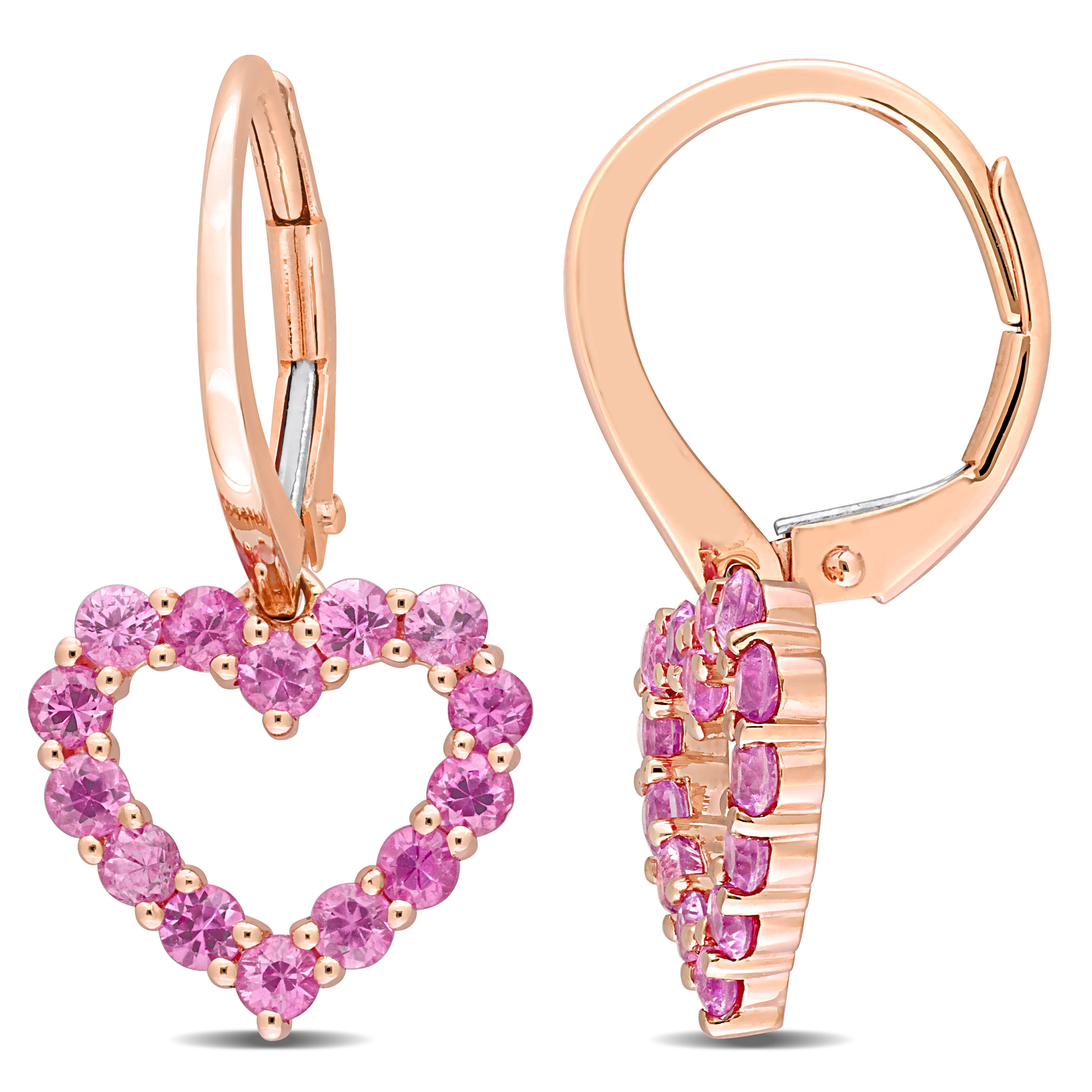 1 1/4 CT TGW Pink Sapphire Heart Leverback Earrings in 10k Rose Gold