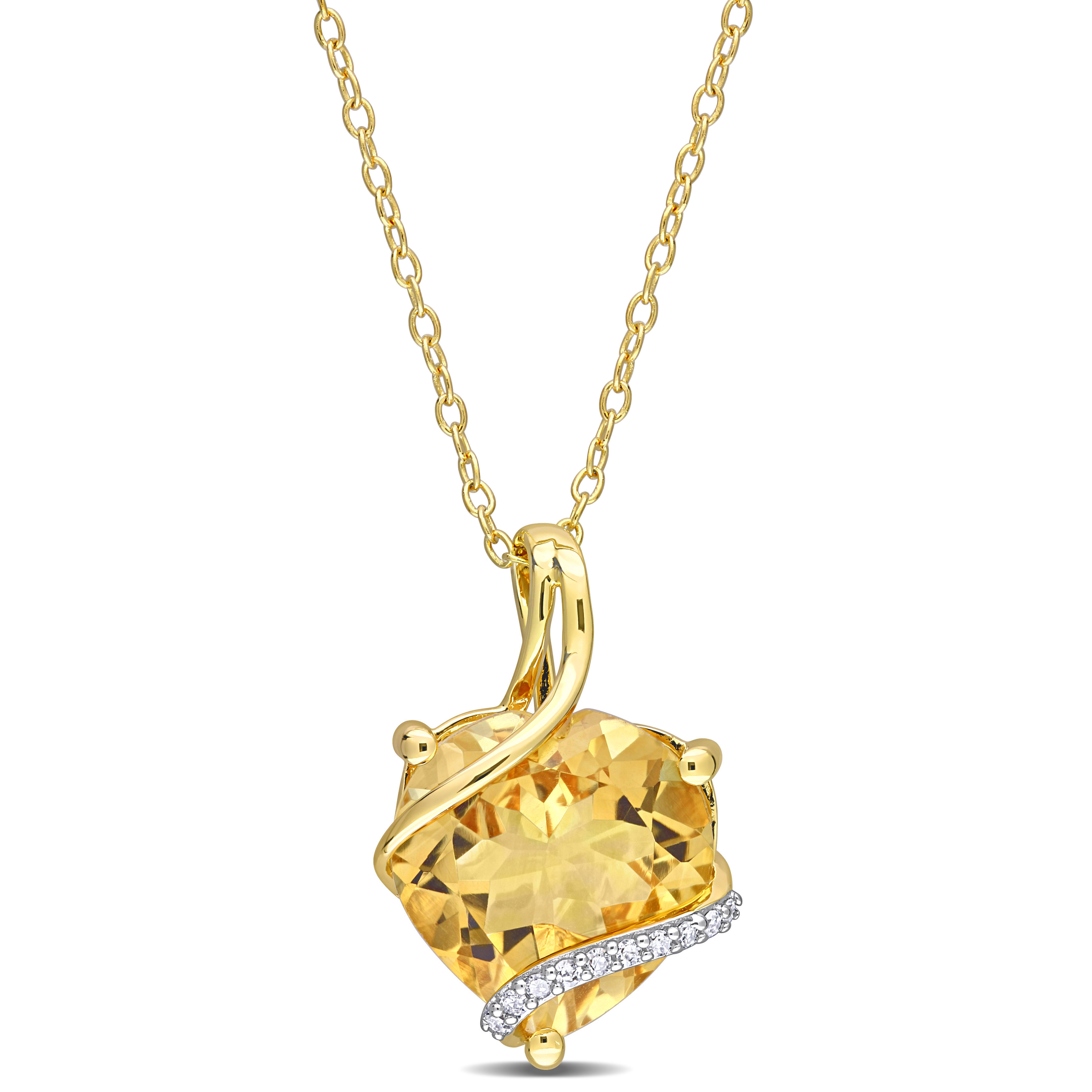 6 1/2 CT TGW Citrine and Diamond Accent Heart Wrapped Pendant with Chain in Yellow Plated Sterling Silver - 18 in.