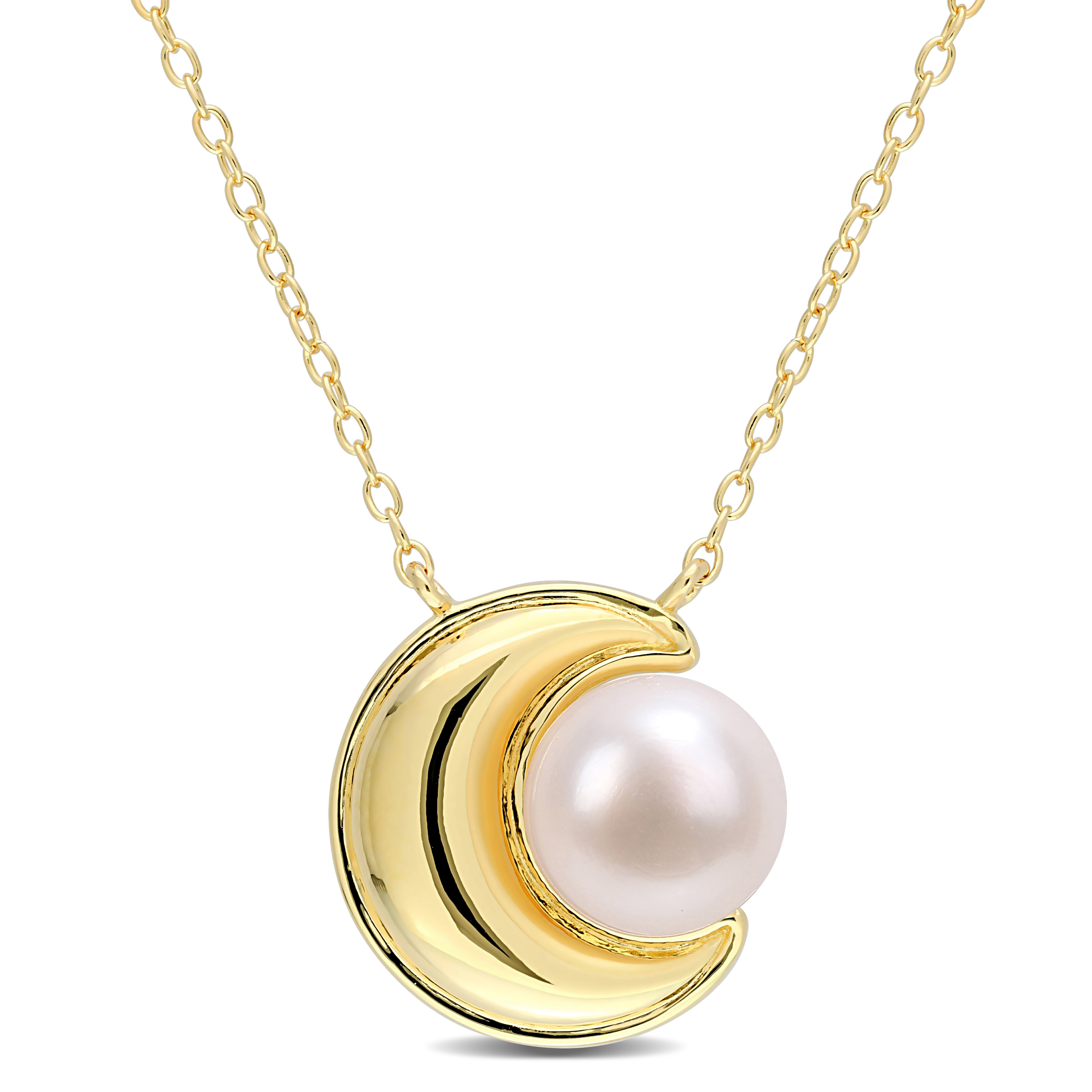 8-8.5 MM Freshwater Cultured Pearl Crescent Moon Pearl Pendant with Chain in Yellow Plated Sterling Silver