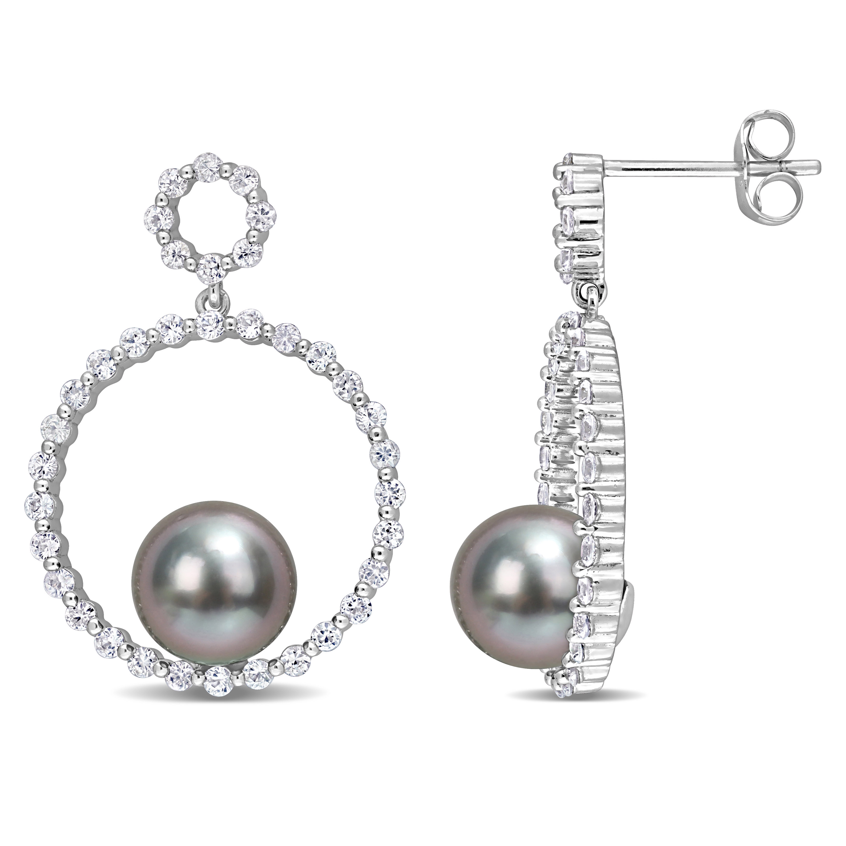 8-8.5 MM Black Tahitian Cultured Pearl and 1 1/10 CT TGW White Sapphire Circle Earrings in 10k White Gold