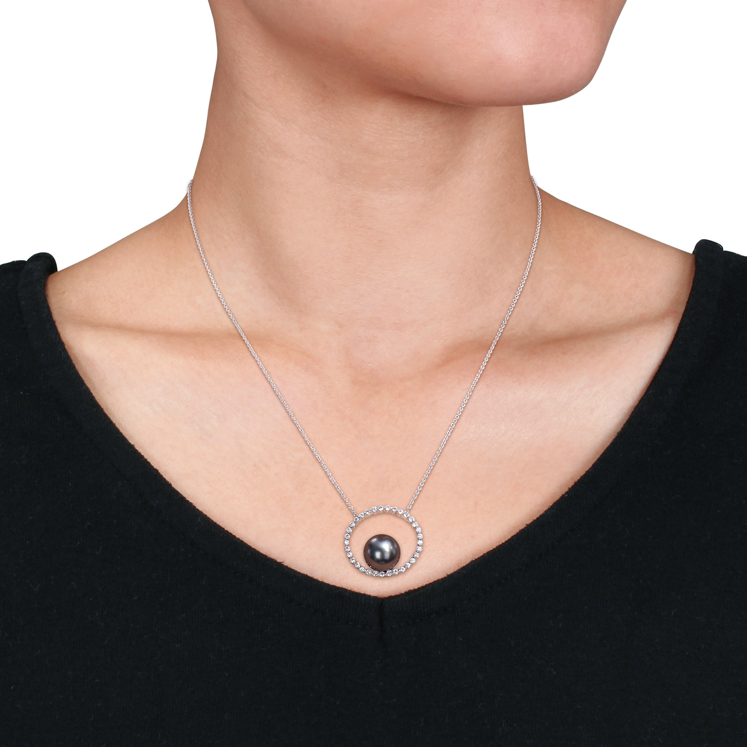 9.5-10 MM Black Tahitian Cultured Pearl and 1/2 CT TGW White Sapphire Circular Pendant with Chain in 10k White Gold