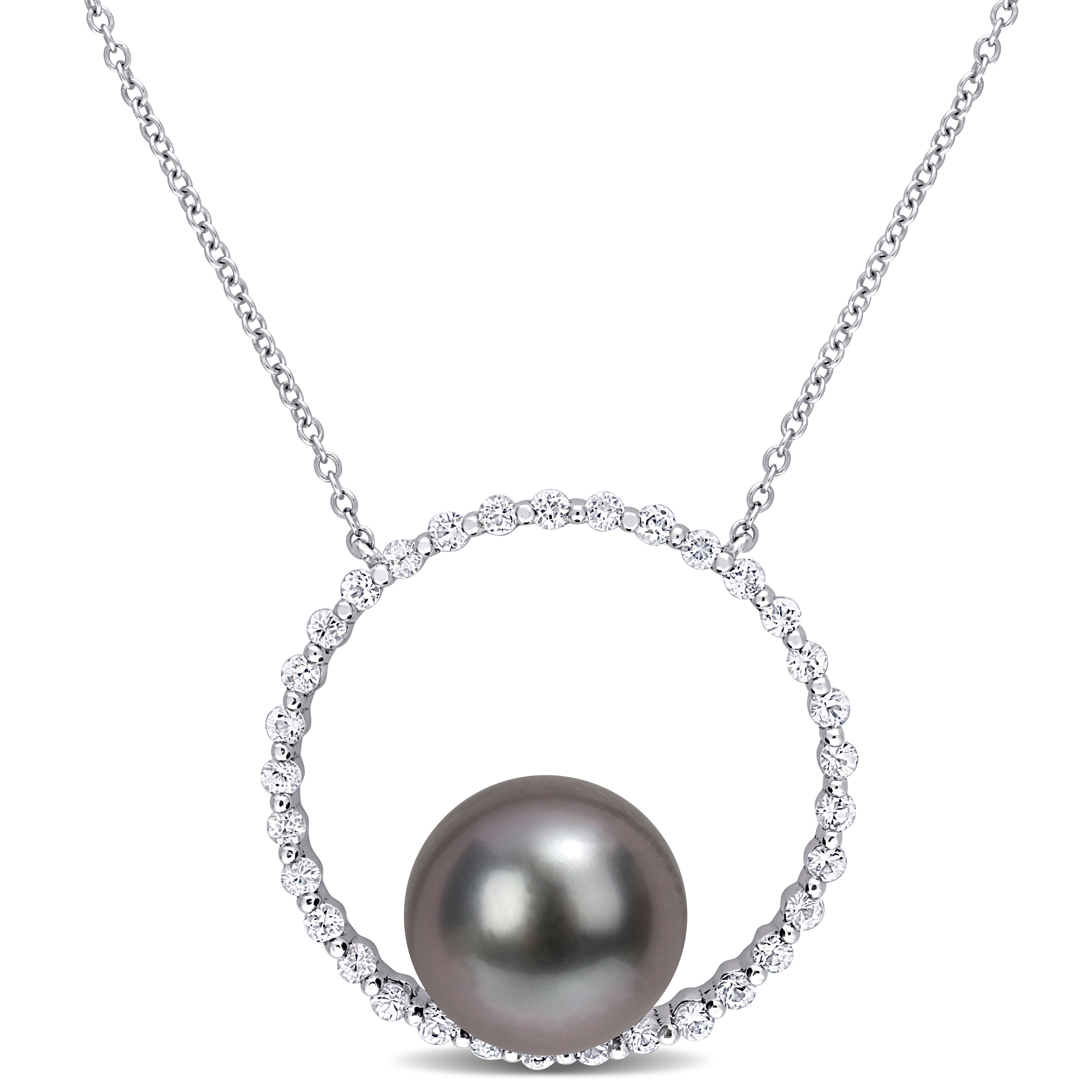 9.5-10 MM Black Tahitian Cultured Pearl and 1/2 CT TGW White Sapphire Circular Pendant with Chain in 10k White Gold