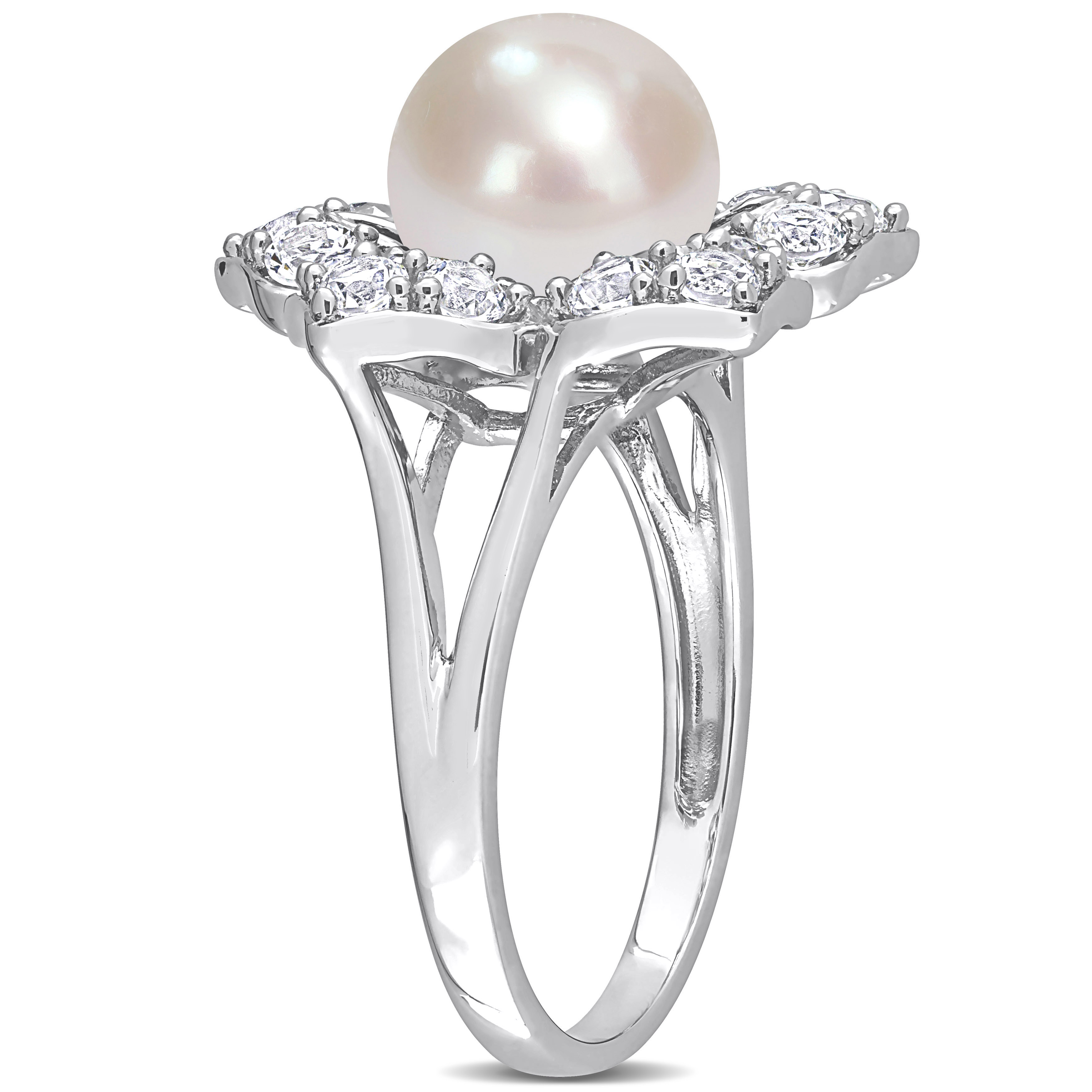 8.5-9 MM Freshwater Cultured Pearl and 1 1/3 CT TGW Created White Sapphire Floral Pearl Ring in Sterling Silver