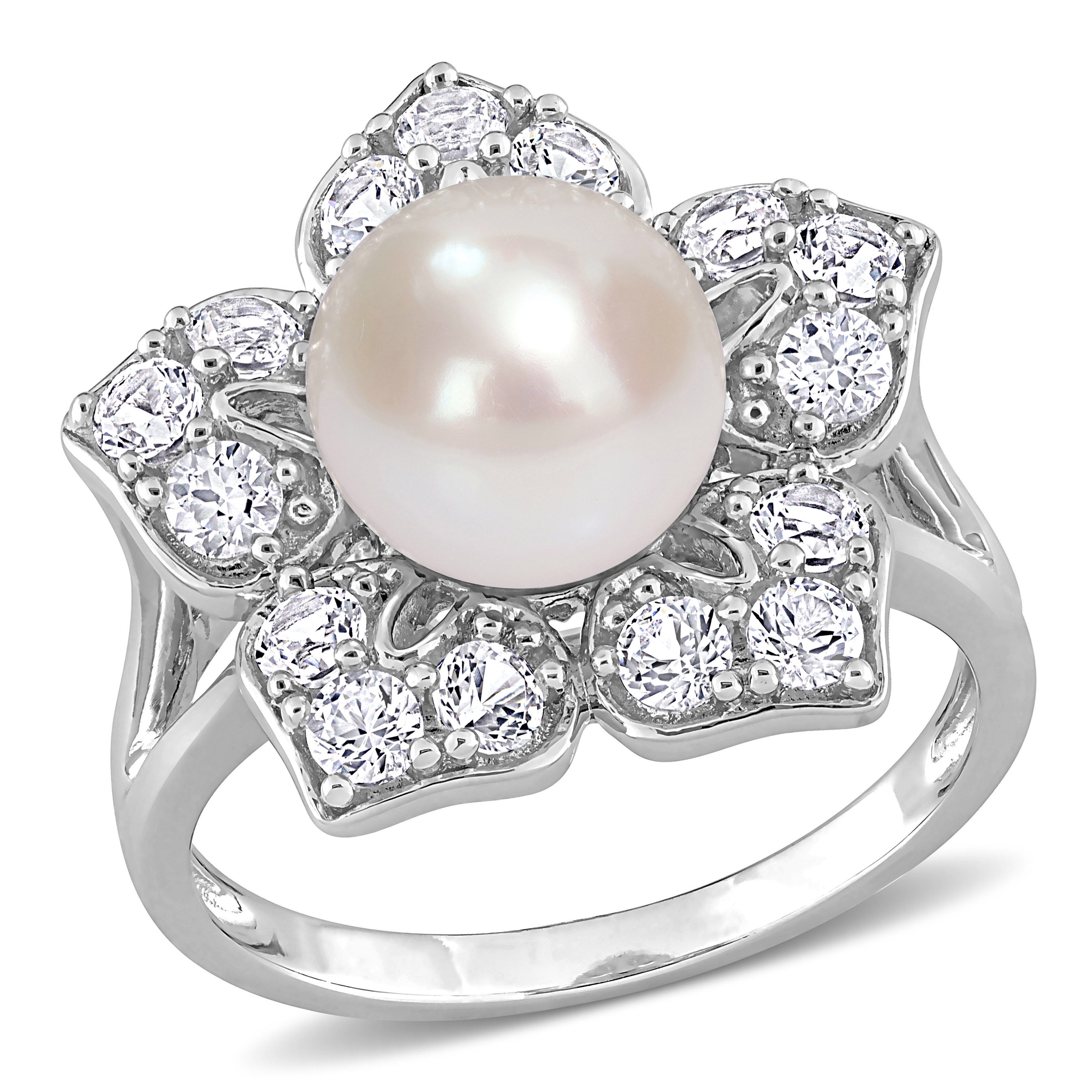 8.5-9 MM Freshwater Cultured Pearl and 1 1/3 CT TGW Created White Sapphire Floral Pearl Ring in Sterling Silver