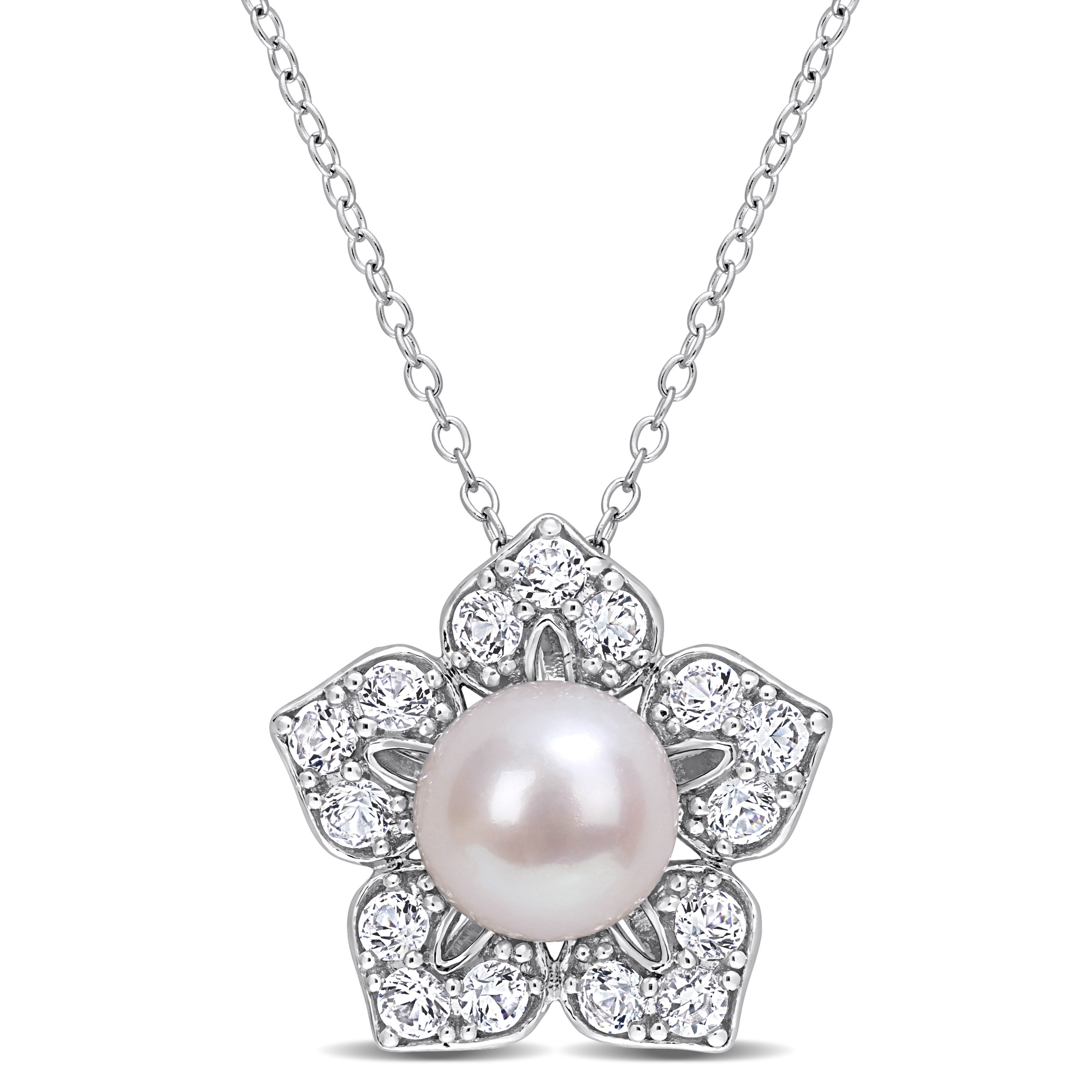8-9 MM White Freshwater Cultured Pearl and 1 1/3ct TGW Created White Sapphire Flower Pendant with Chain in Sterling Silver