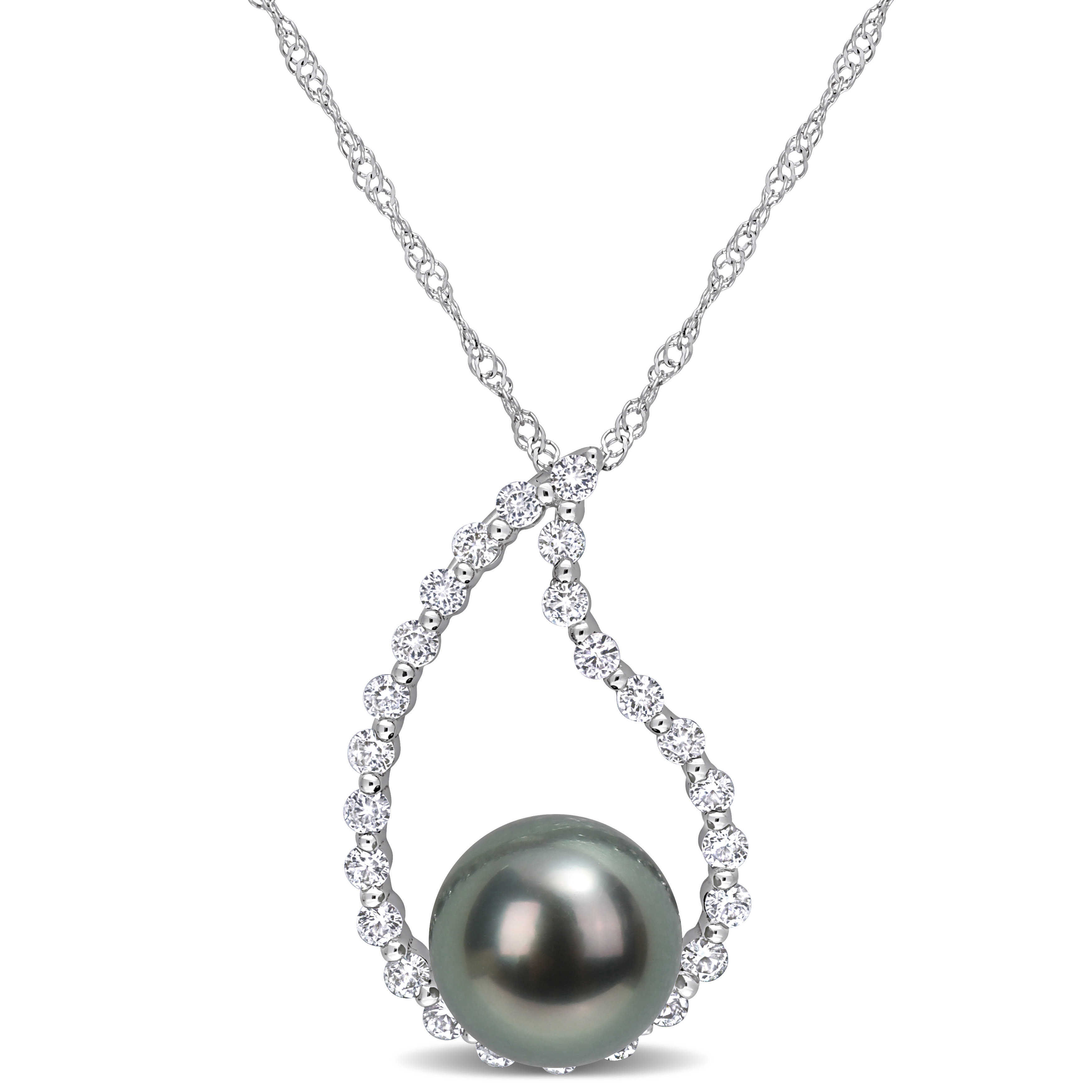 8-8.5 MM Black Tahitian Cultured Pearl and 3/8 CT TGW White Sapphire Teardrop Pendant with Chain in 10k White Gold