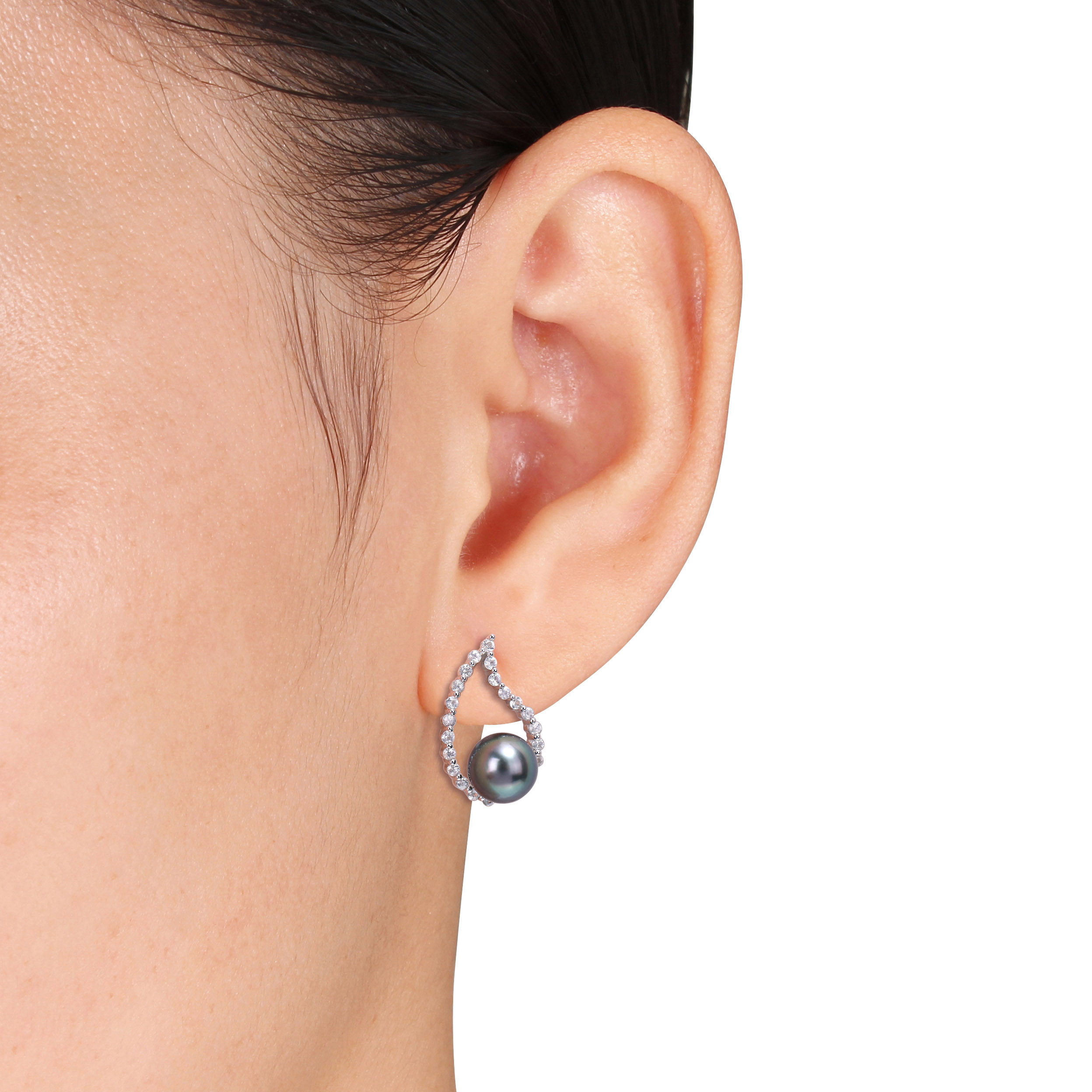 8-8.5 MM Black Tahitian Cultured Pearl and 3/4 CT TGW White Sapphire Teardrop Earrings in 10k White Gold