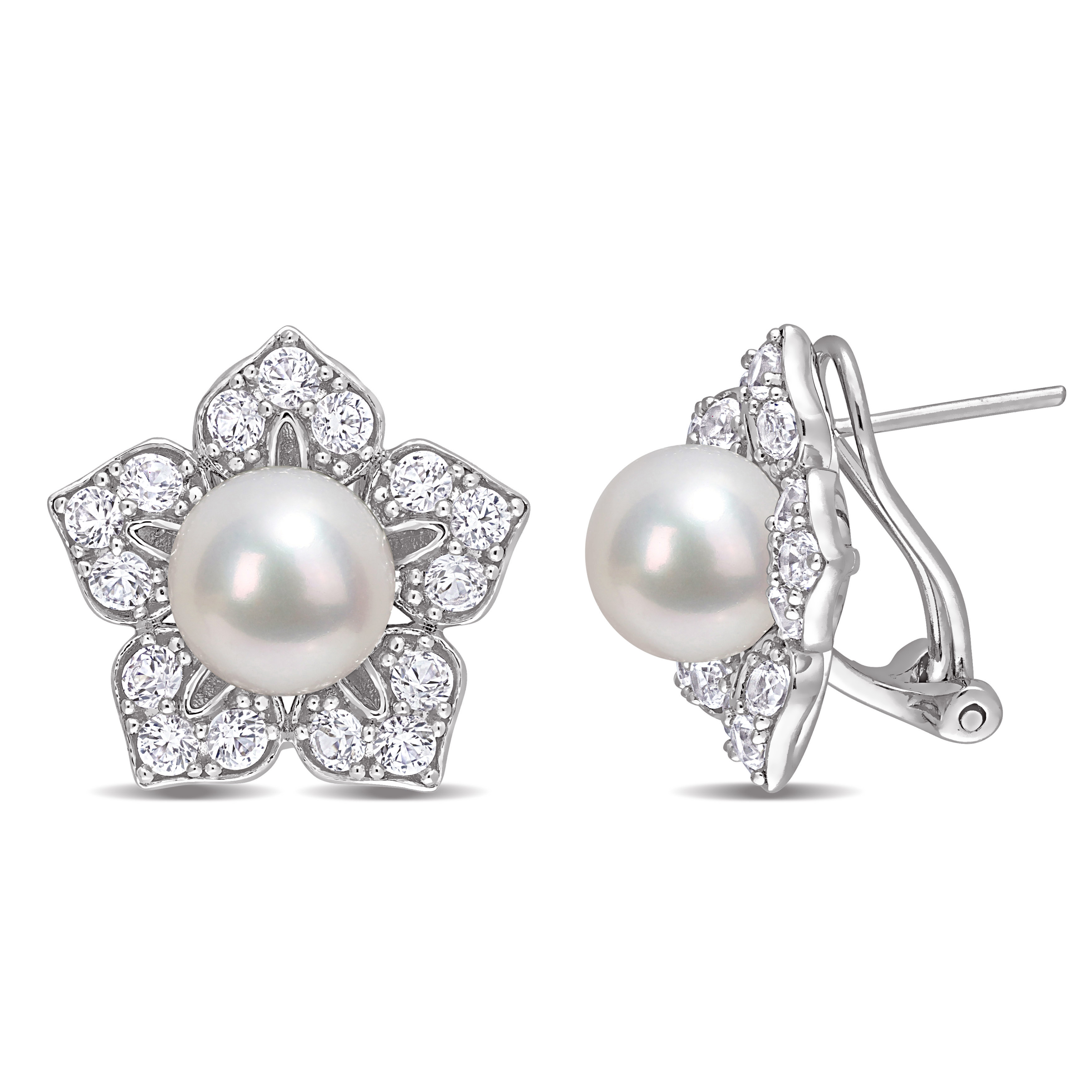 8.5 - 9 MM Freshwater Cultured Pearl and 2 3/4 CT TGW Created White Sapphire Floral Earrings in Sterling Silver
