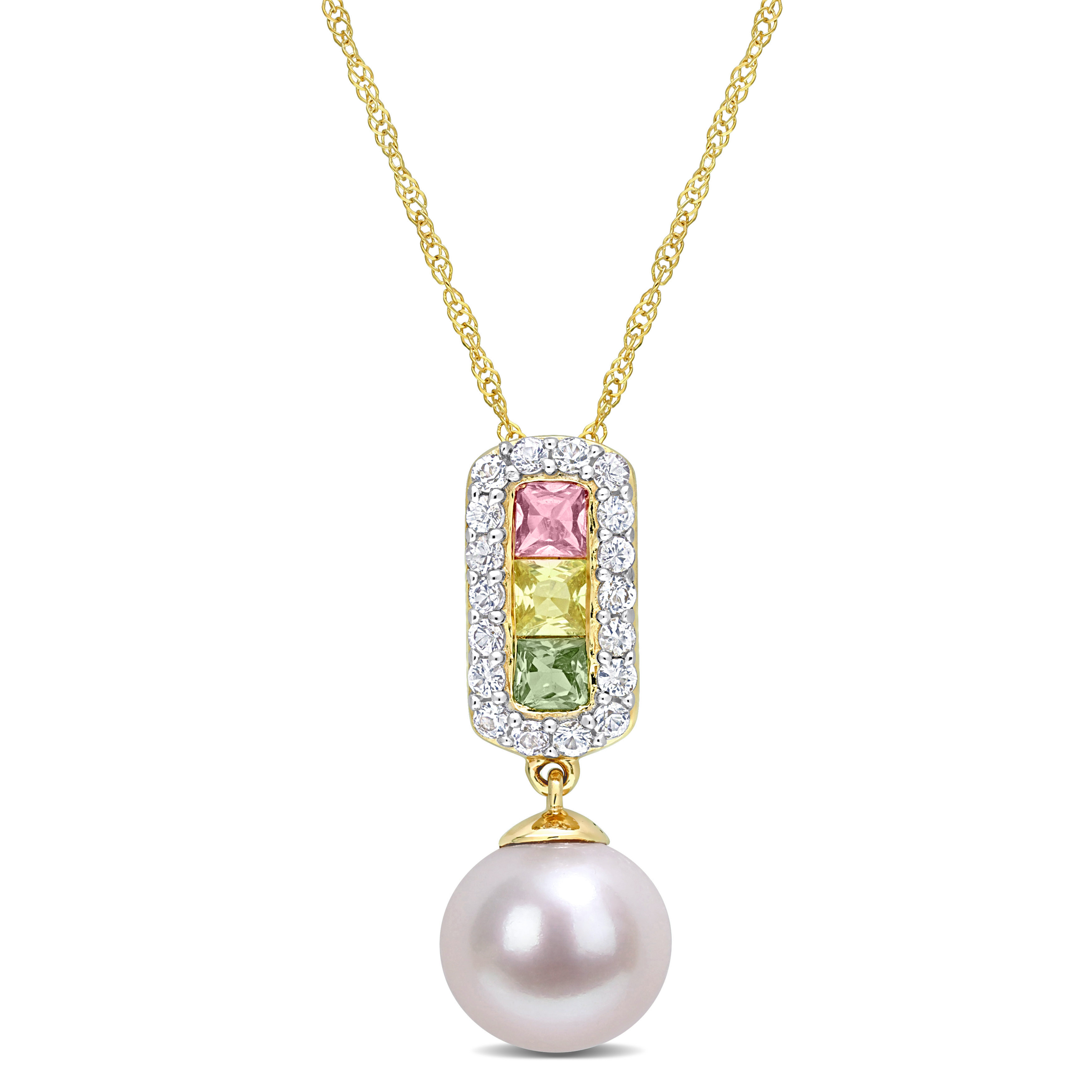8.5-9 MM Cultured Freshwater Pearl and 7/8 CT TGW Multi Color Sapphire Halo Drop Pendant and Chain in 14k Yellow Gold
