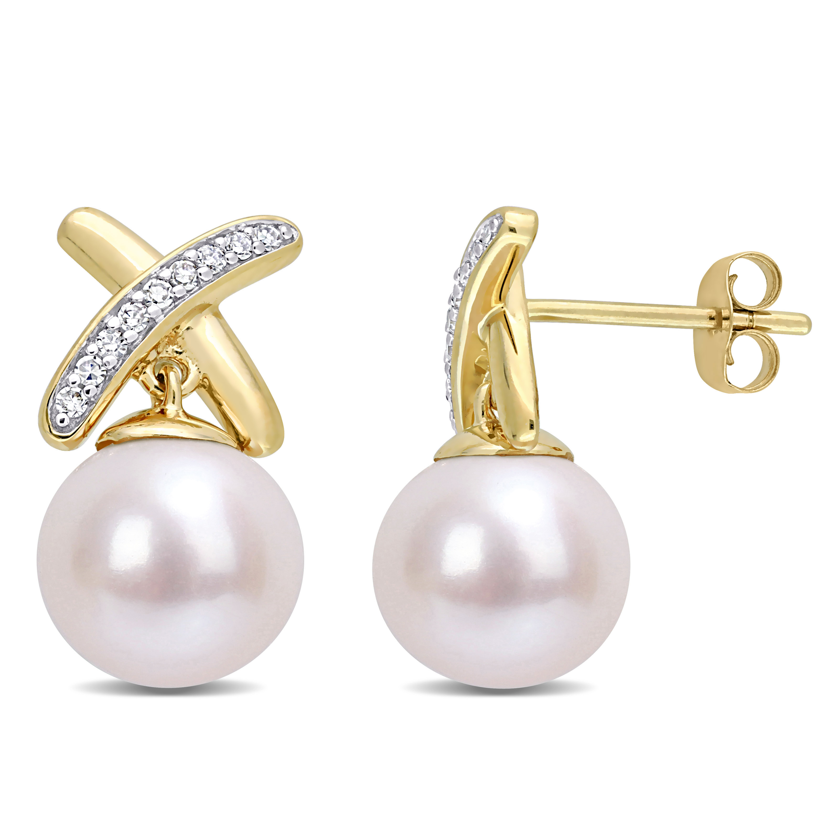 8.5-9 MM Cultured Freshwater Pearl and 1/6 CT TW Diamond 'X' Drop Earrings in 14k Yellow Gold