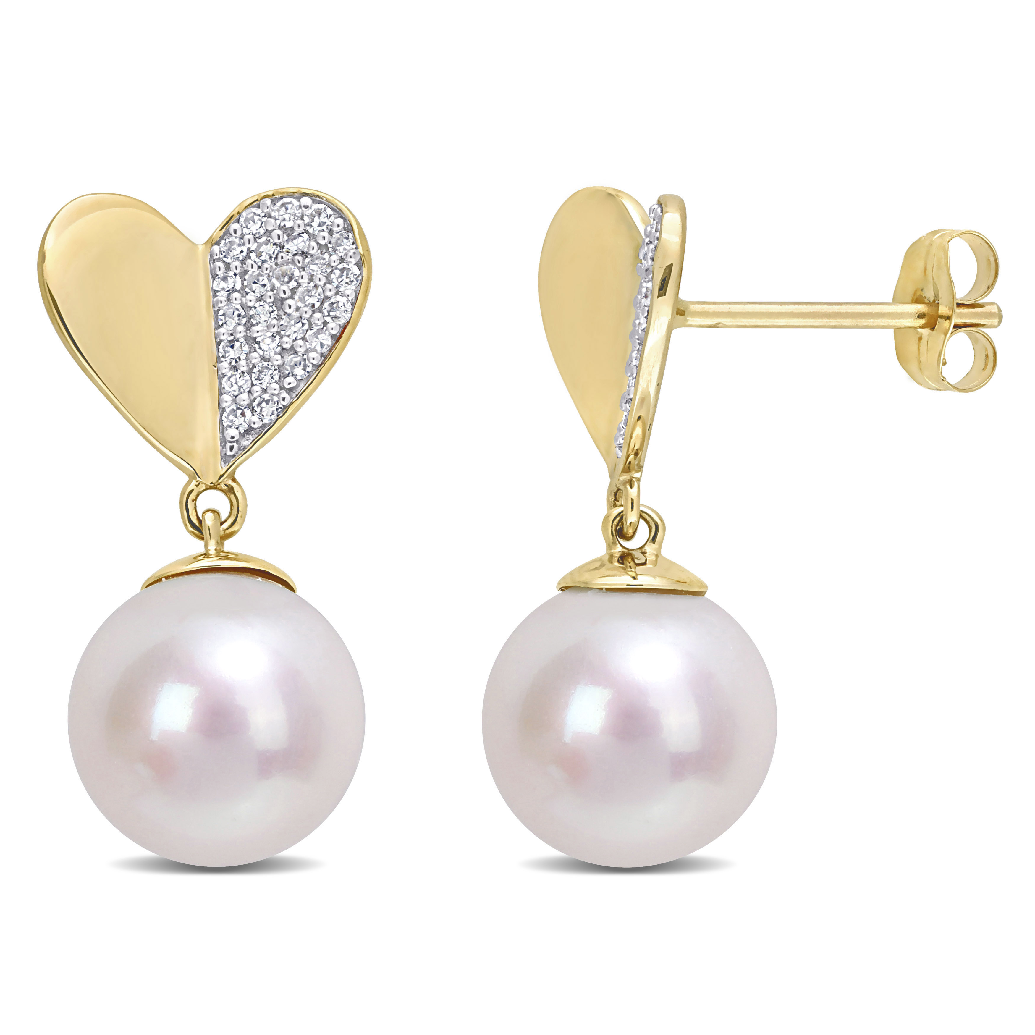 8.5-9 MM Cultured Freshwater Pearl and 1/6 CT TW Diamond Heart Drop Earrings in 14k Yellow Gold