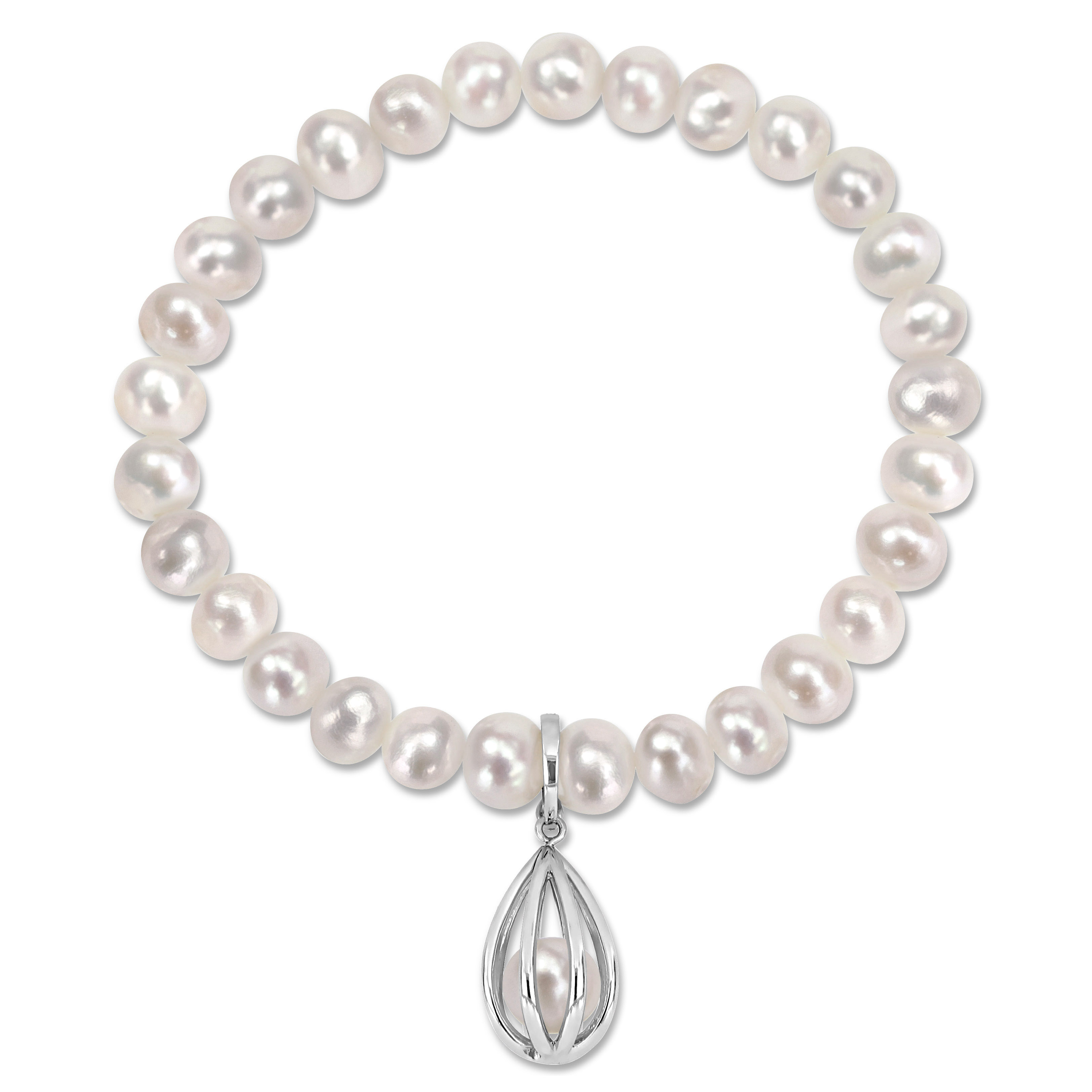 7-8.5mm Freshwater Cultured Pearl Charm Bracelet in Sterling Silver