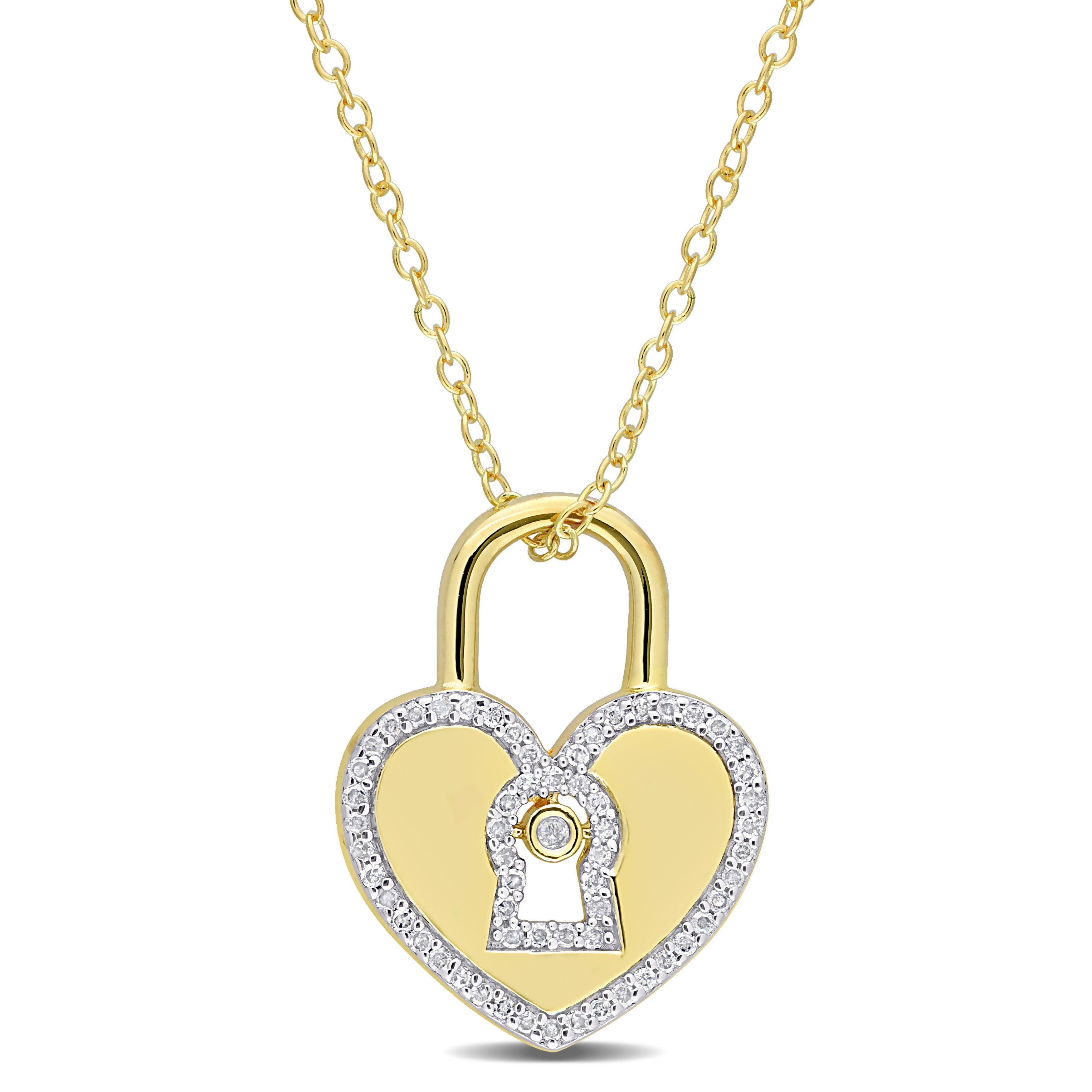 1/5 CT TW Diamond Heart Lock Pendant with Chain in Yellow Plated Sterling Silver - 18 in