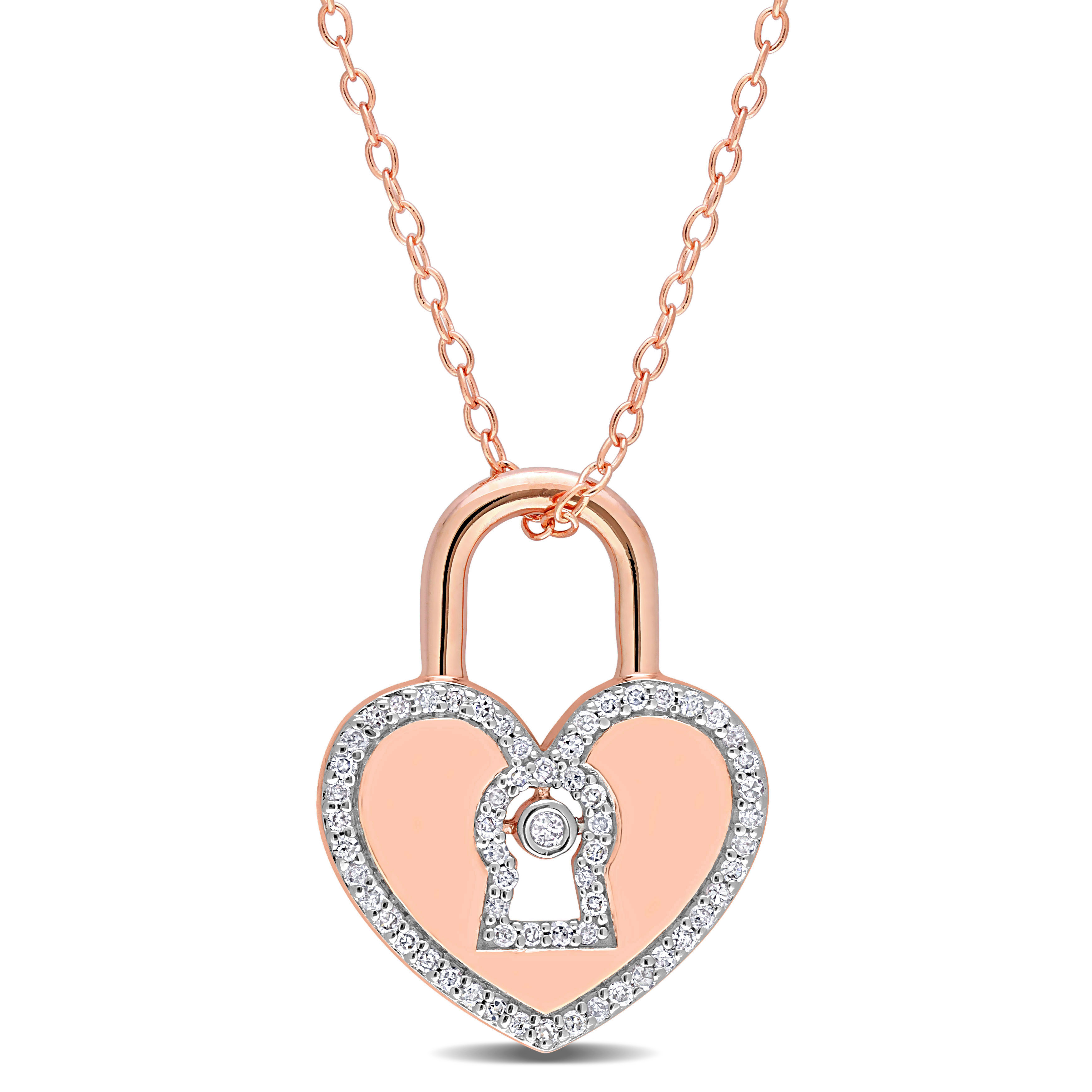 1/5 CT TW Diamond Heart Lock Pendant with Chain in Rose Plated Sterling Silver - 18 in