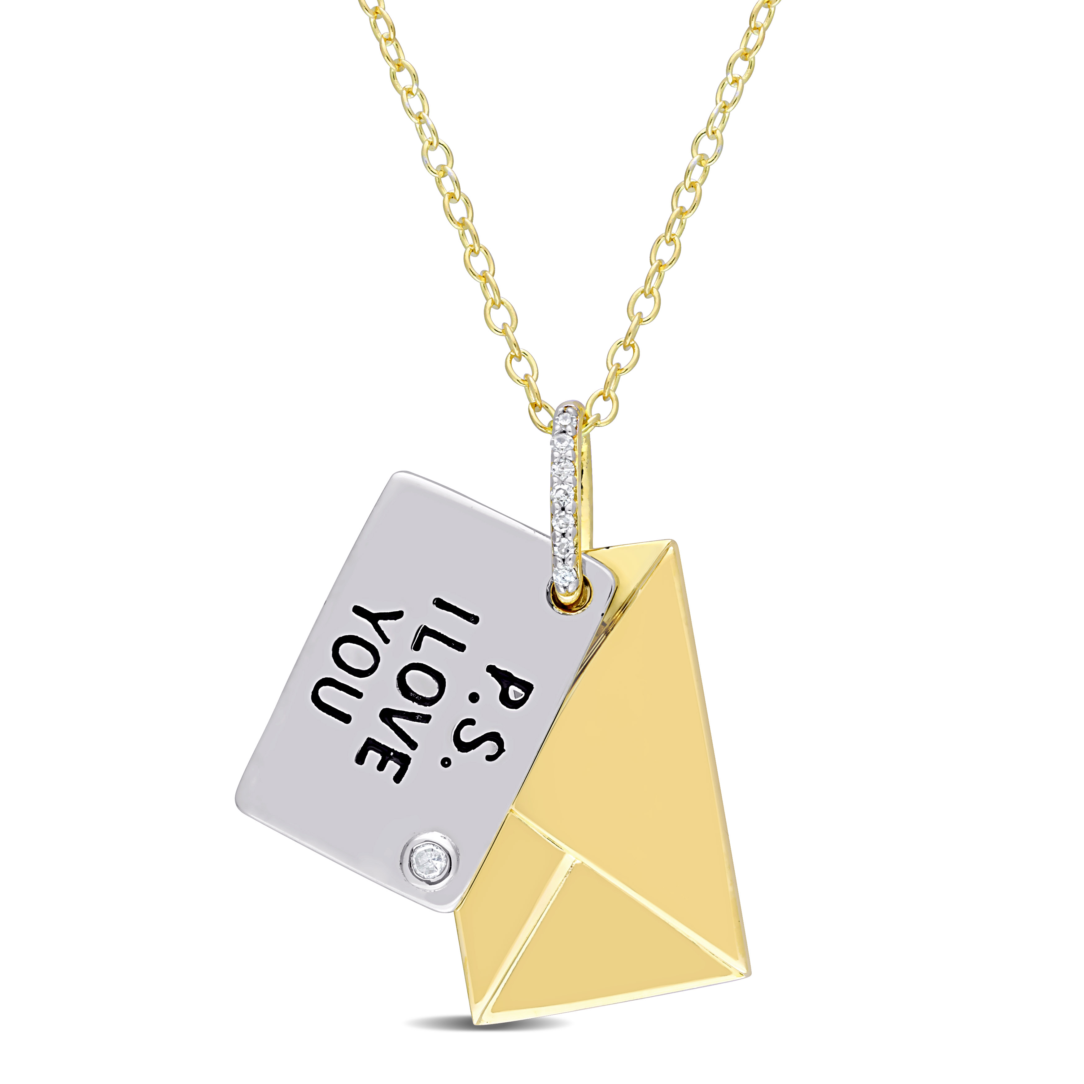 Diamond Accent Letter Envelope "I Love You" Pendant with Chain in Yellow Plated Sterling Silver