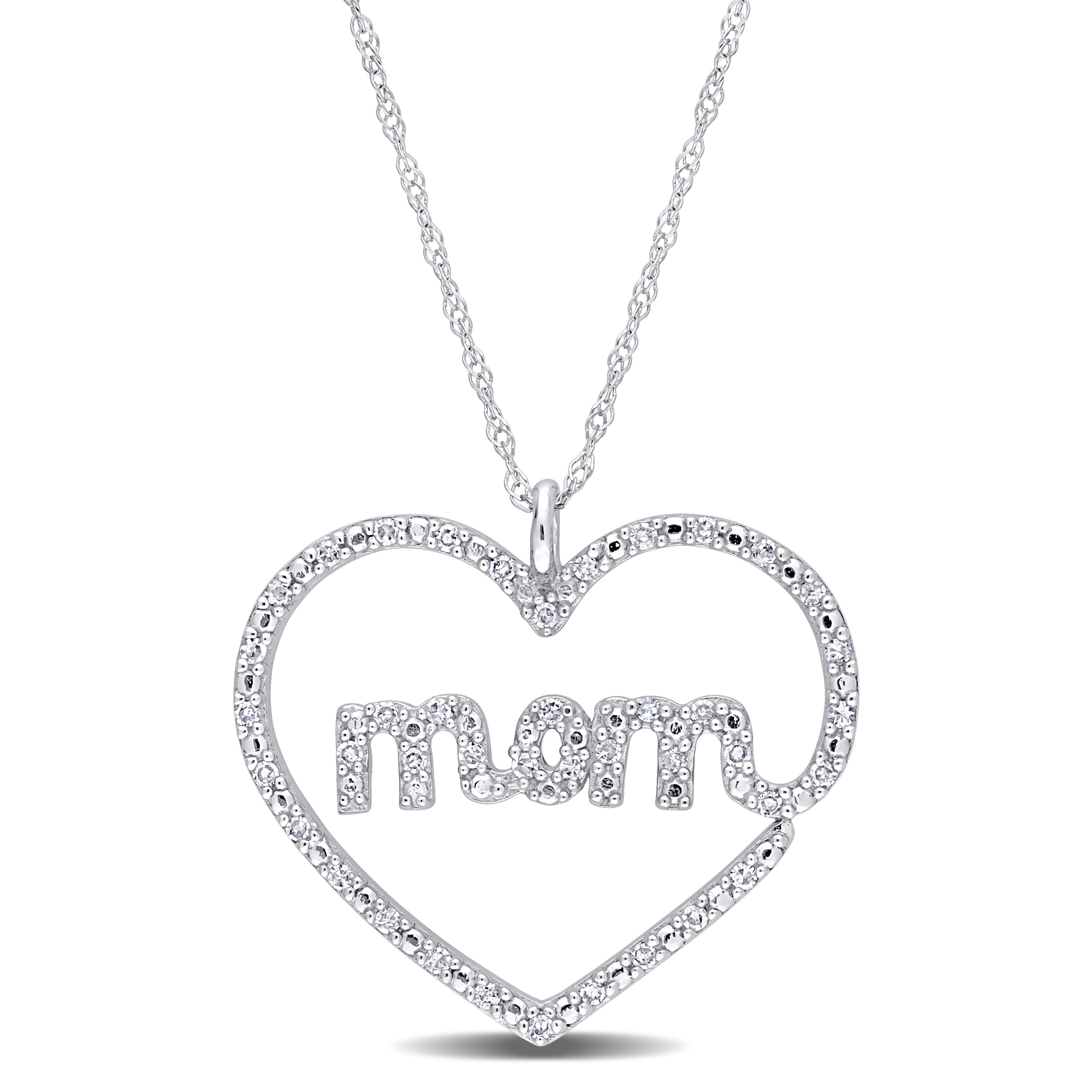1/5 CT TDW Diamond Heart "MOM" Pendant with Chain in 10k White Gold
