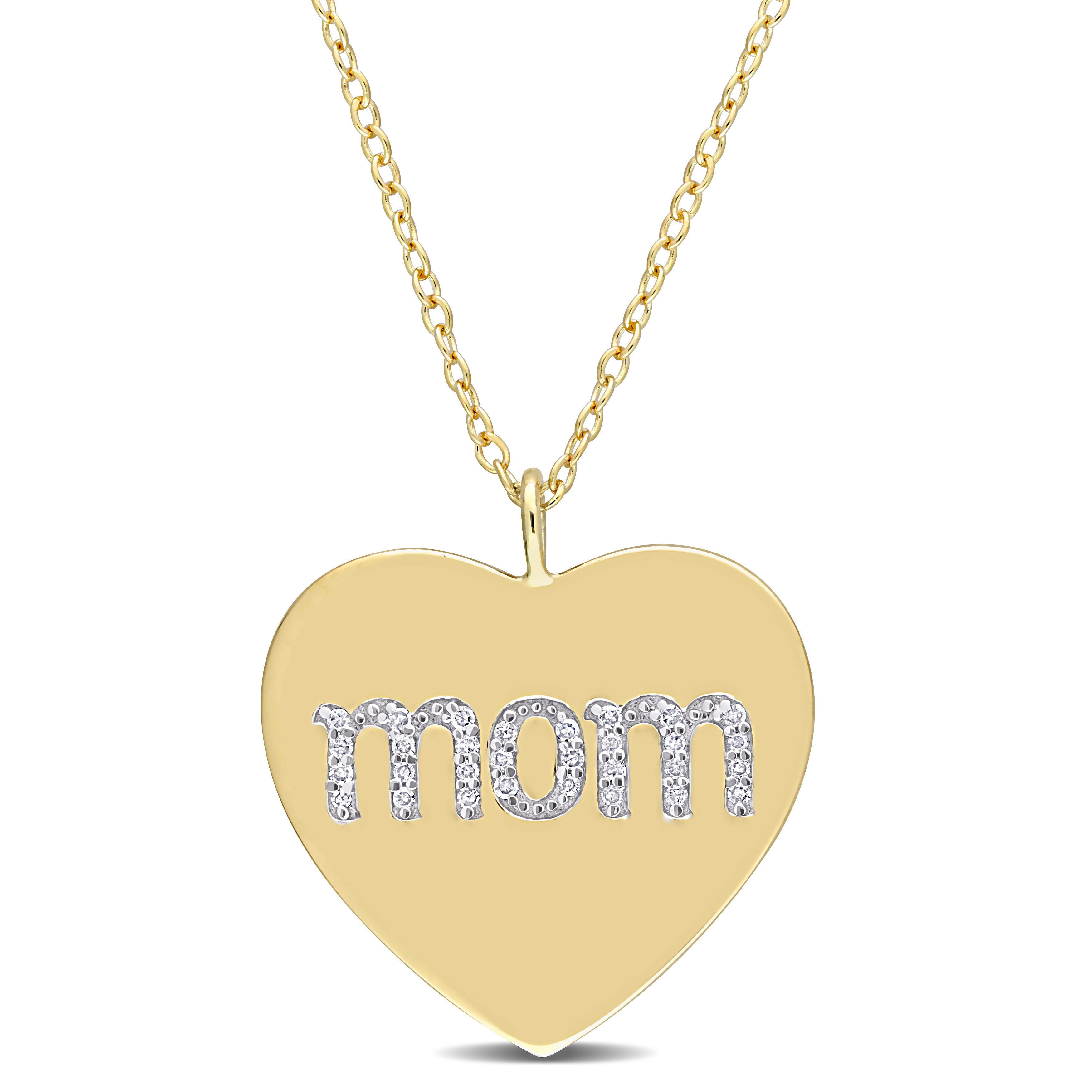 1/10 CT TDW Diamond "Mom" Heart Pendant with Chain in Yellow Plated Sterling Silver