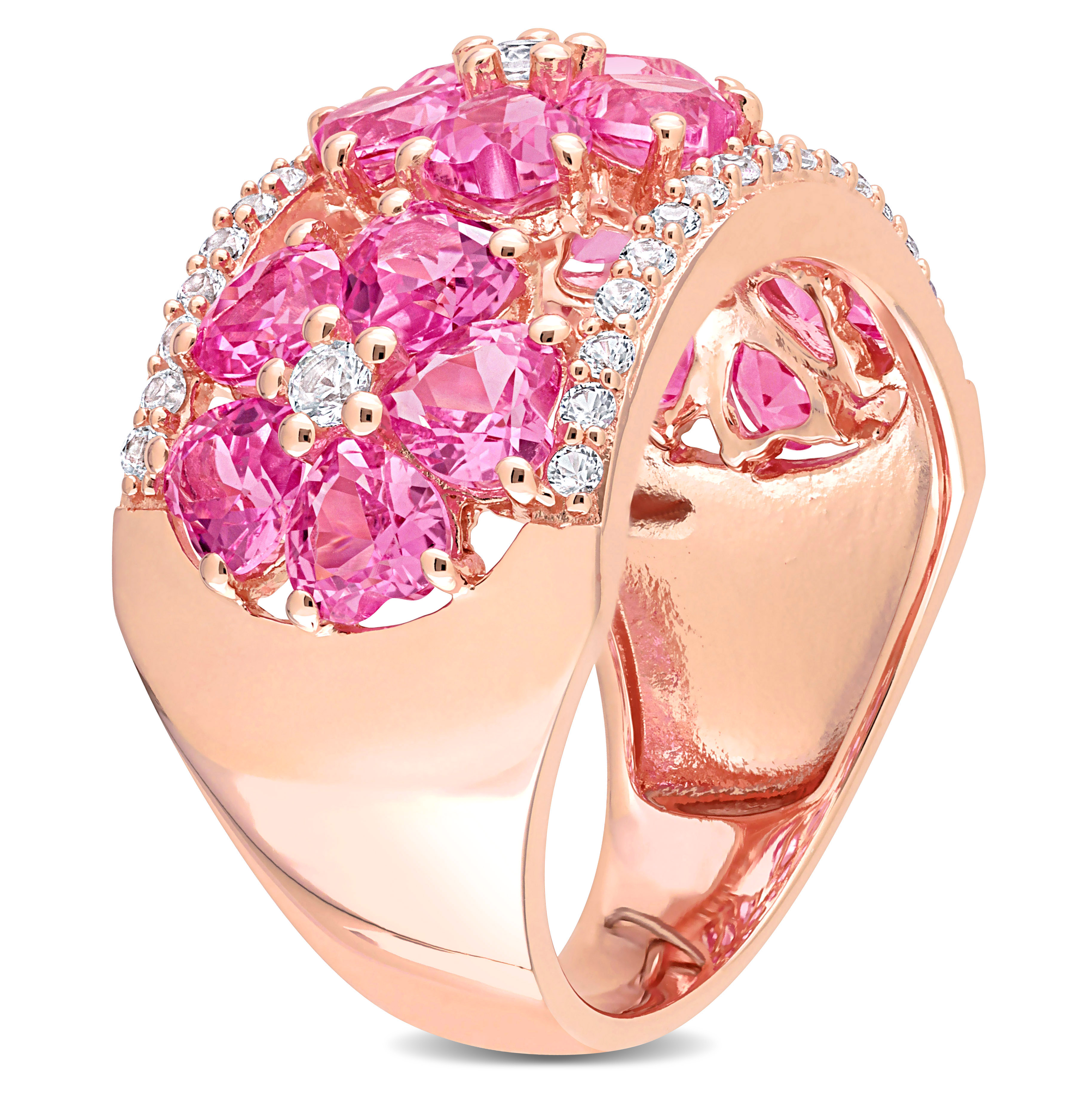 5 1/4 CT TGW Created Pink and White Sapphire Floral Ring in Rose Plated Sterling Silver