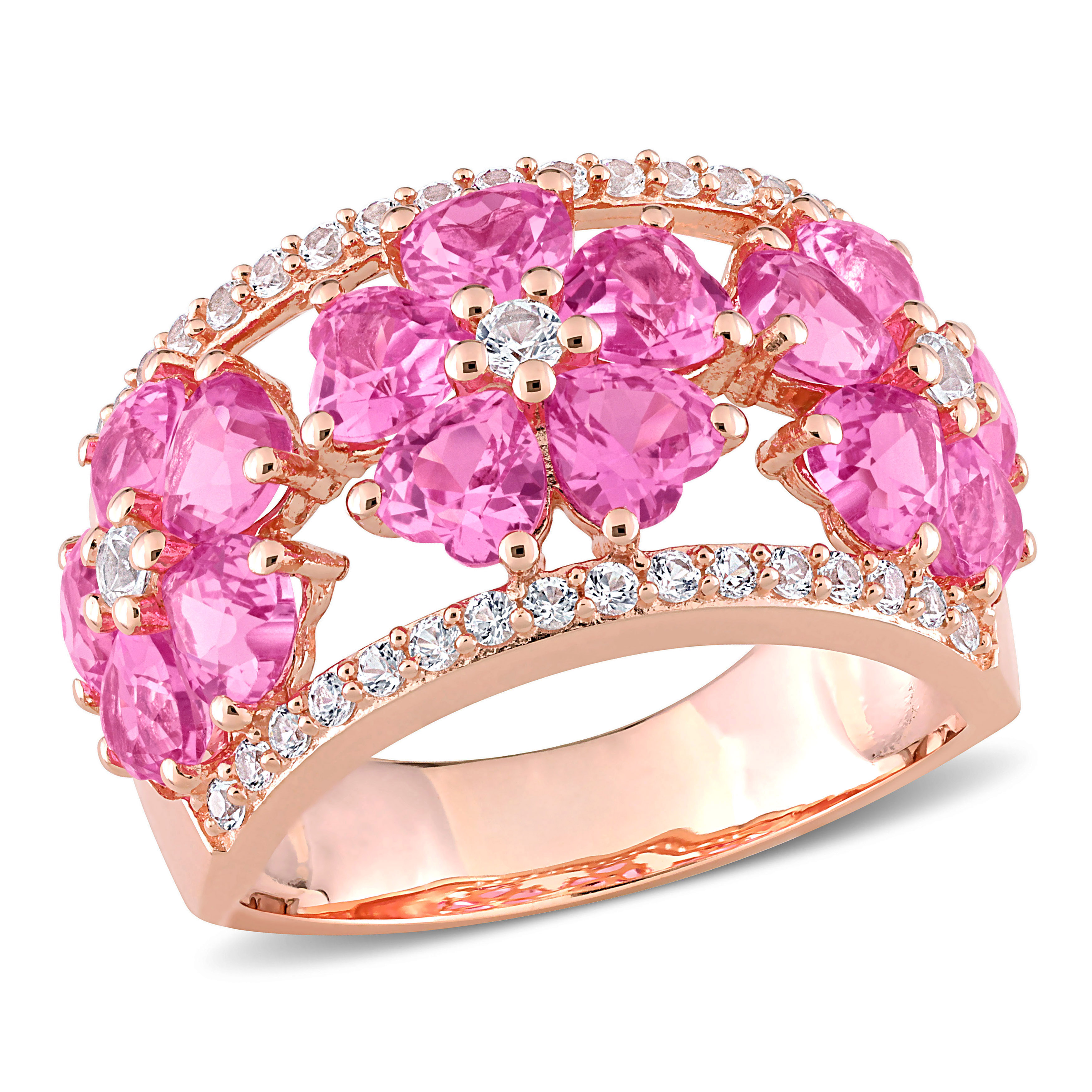 5 1/4 CT TGW Created Pink and White Sapphire Floral Ring in Rose Plated Sterling Silver